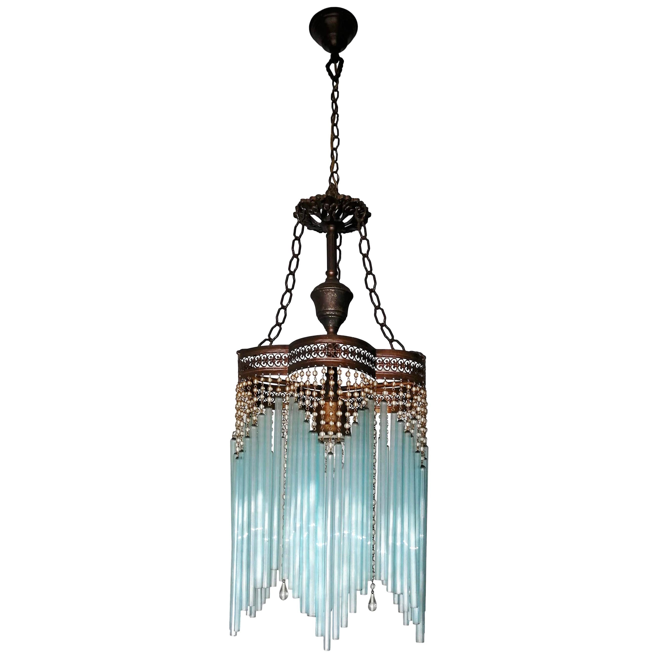 French Art Deco and Art Nouveau Blue Straw Fringe and Beaded Glass Chandelier