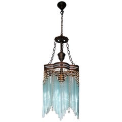 French Art Deco and Art Nouveau Blue Straw Fringe and Beaded Glass Chandelier