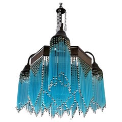 French Art Deco and Art Nouveau Blue Straw Fringe and Beaded Glass Chandelier