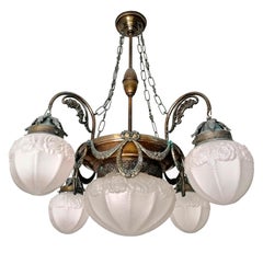 French Art Deco and Art Nouveau Brass and Frosted Glass 5-Light Chandelier