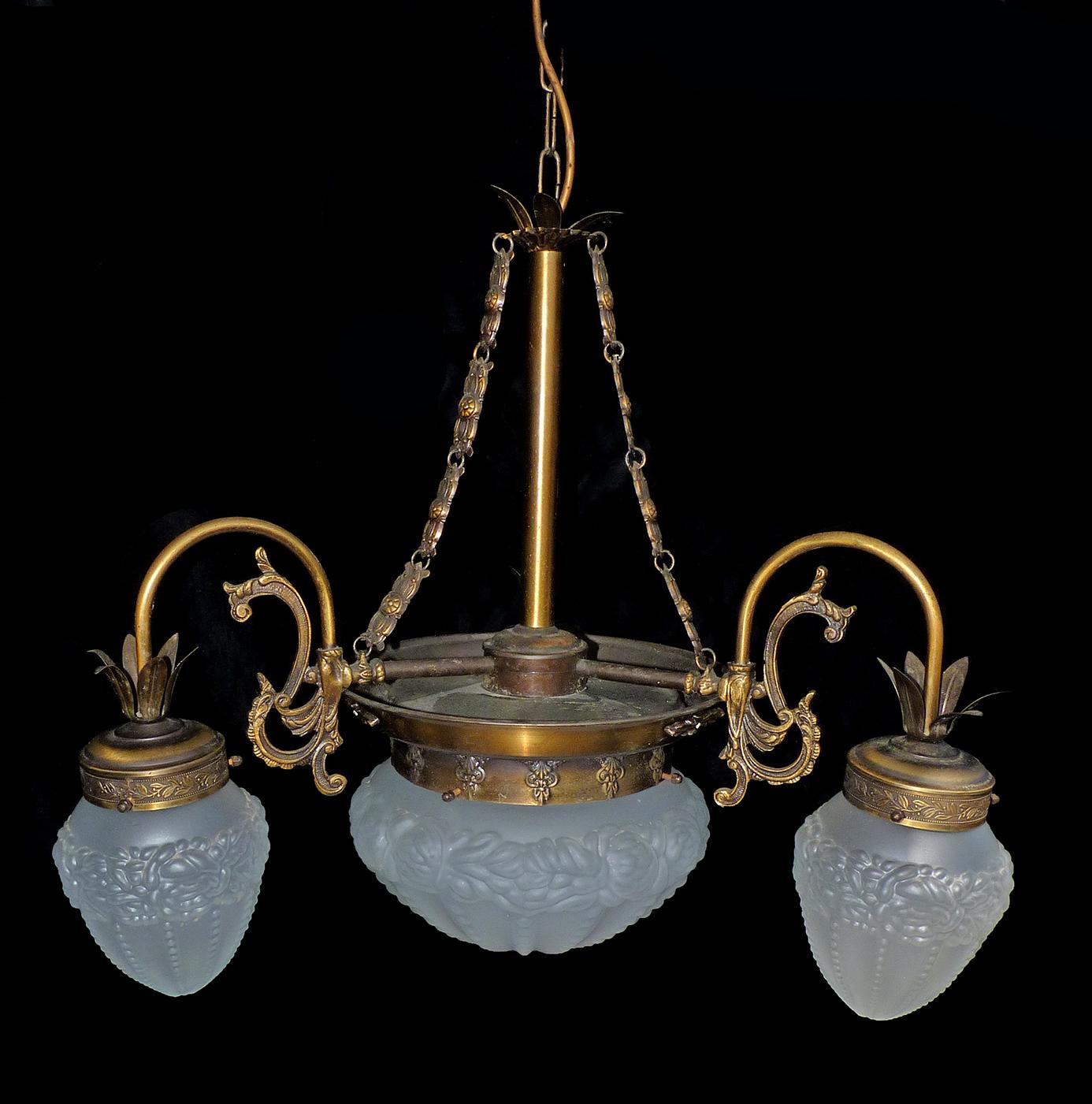 French Art Deco and Art Nouveau Brass and Frosted Glass Degué Style Chandelier 1