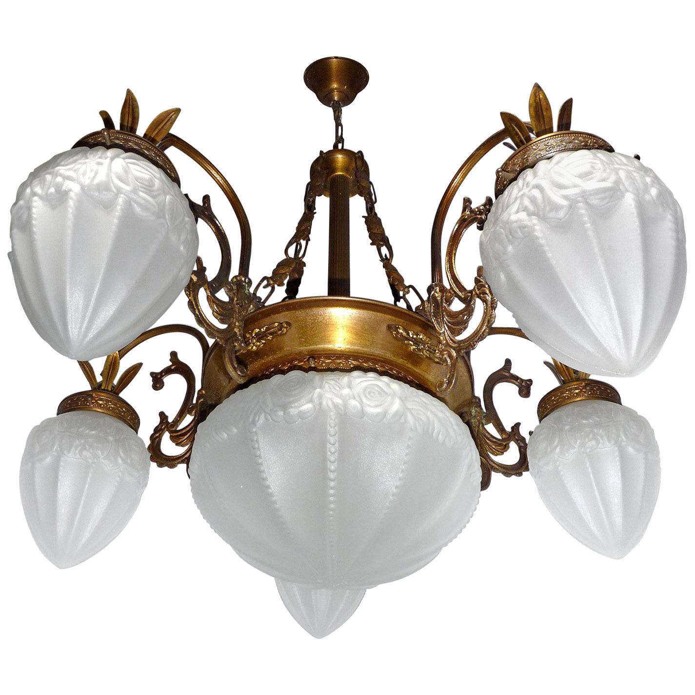 French Art Deco and Art Nouveau Brass and Frosted Glass Degué Style Chandelier