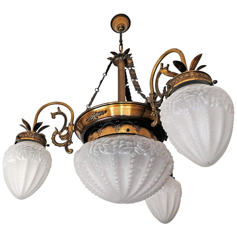 French Art Deco And Nouveau Brass, Frosted Glass Chandelier Bulbs