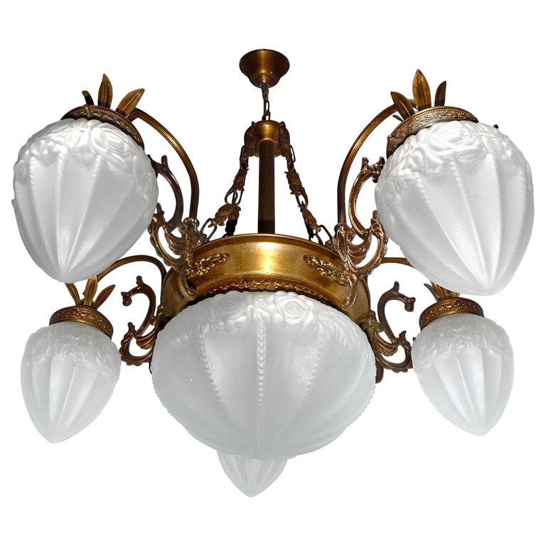 French Art Deco and Art Nouveau Brass and Frosted Glass Degué Style Chandelier For Sale