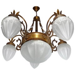 French Art Deco and Art Nouveau Brass and Frosted Glass Degué Style Chandelier