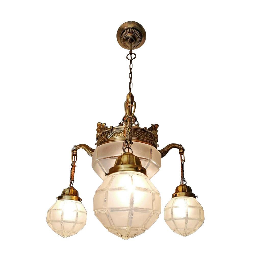 French Art Deco and Art Nouveau Brass in Degué Style Etched Glass Chandelier