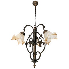 French Art Deco and Art Nouveau Tulip Flower Amber Glass Shade Chandelier