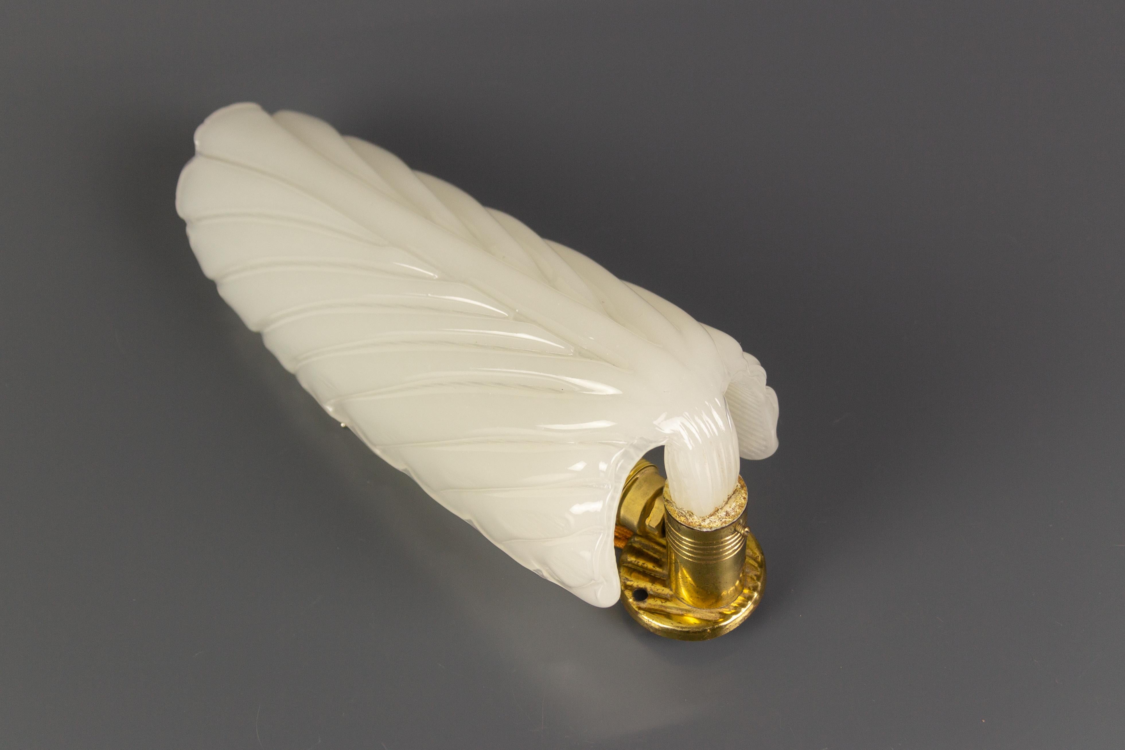 French Art Deco André Arbus Style Feather Shaped Opaline White Glass Wall Light 5