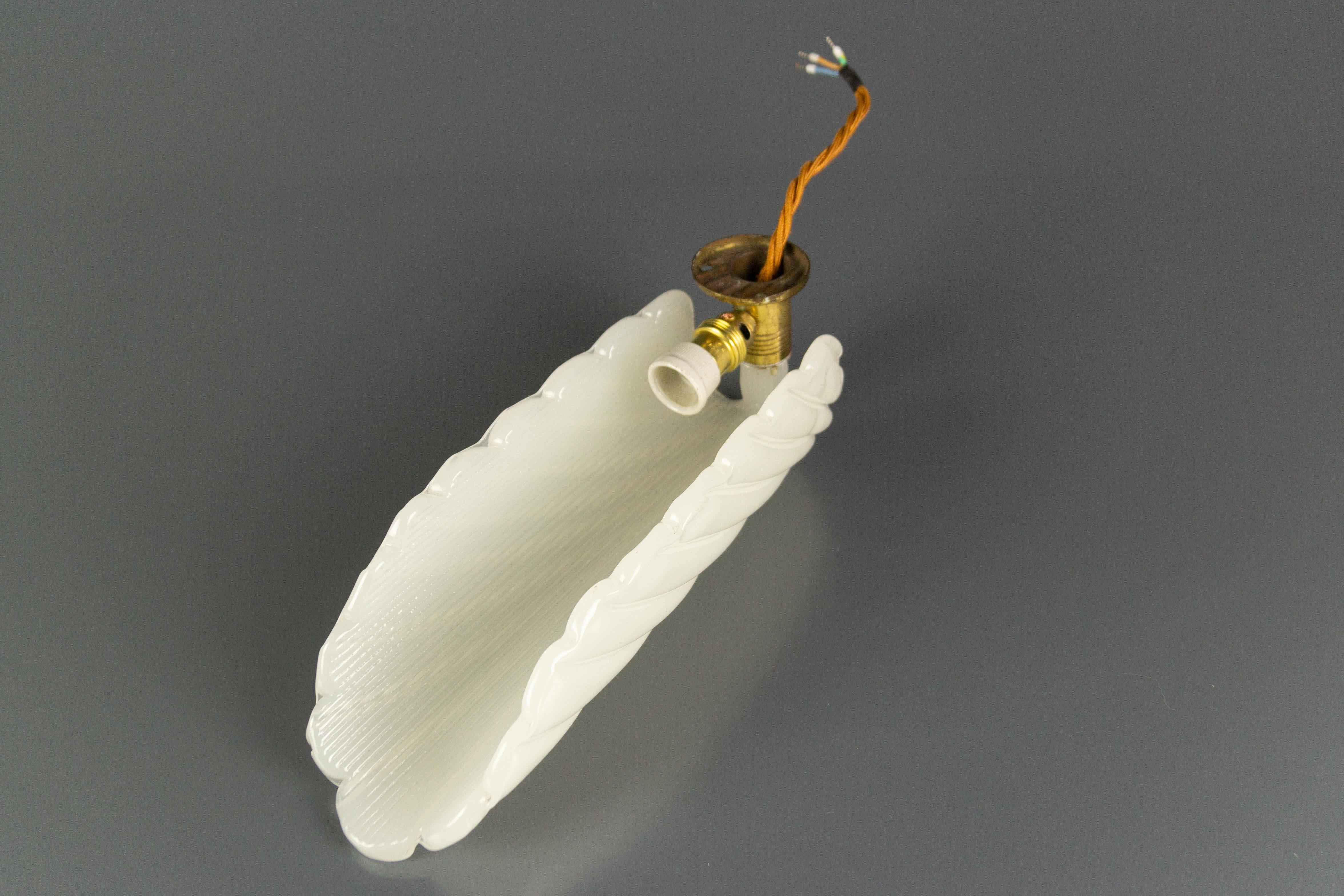 French Art Deco André Arbus Style Feather Shaped Opaline White Glass Wall Light 9