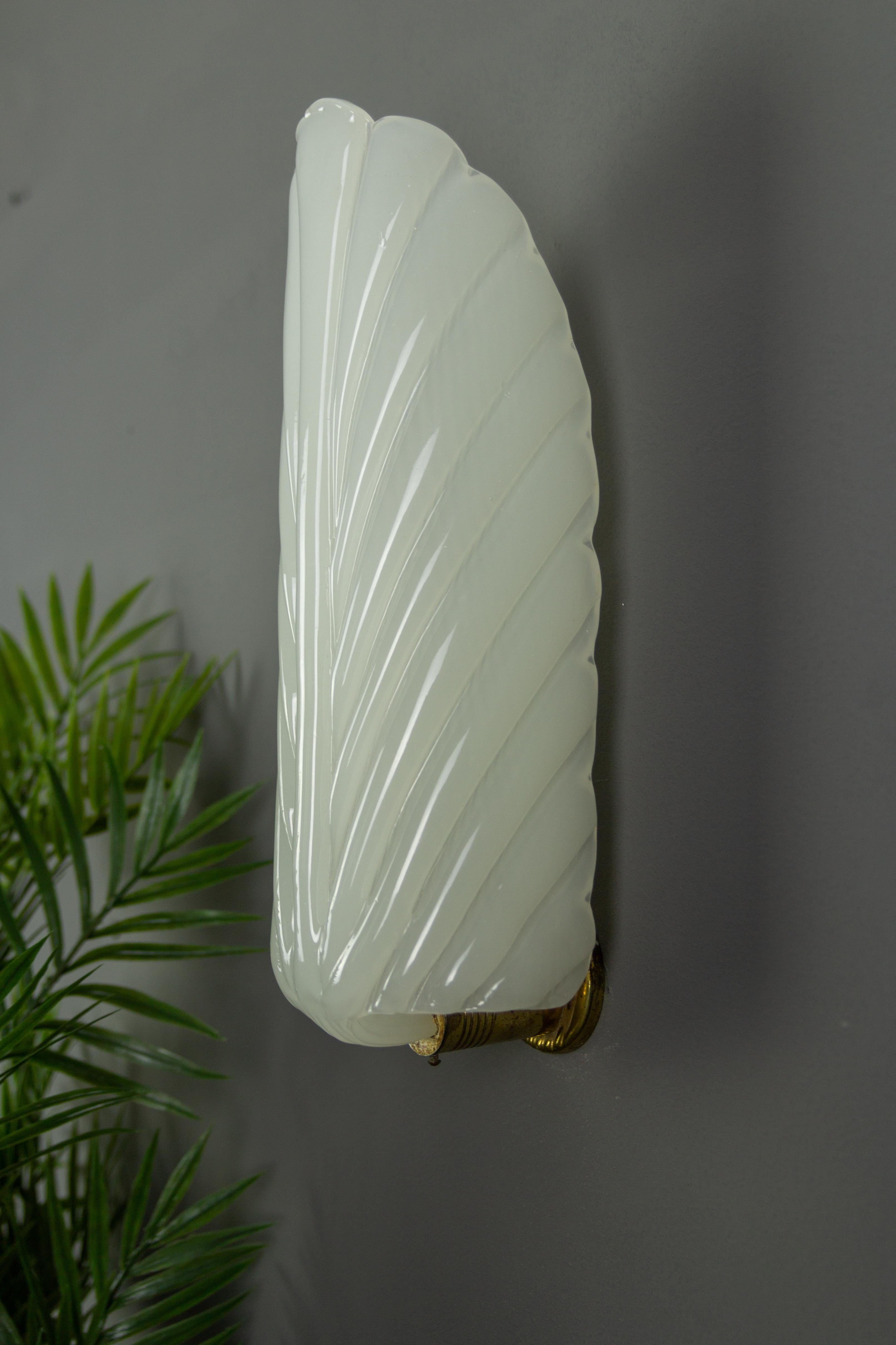 French Art Deco André Arbus Style Feather Shaped Opaline White Glass Wall Light 15