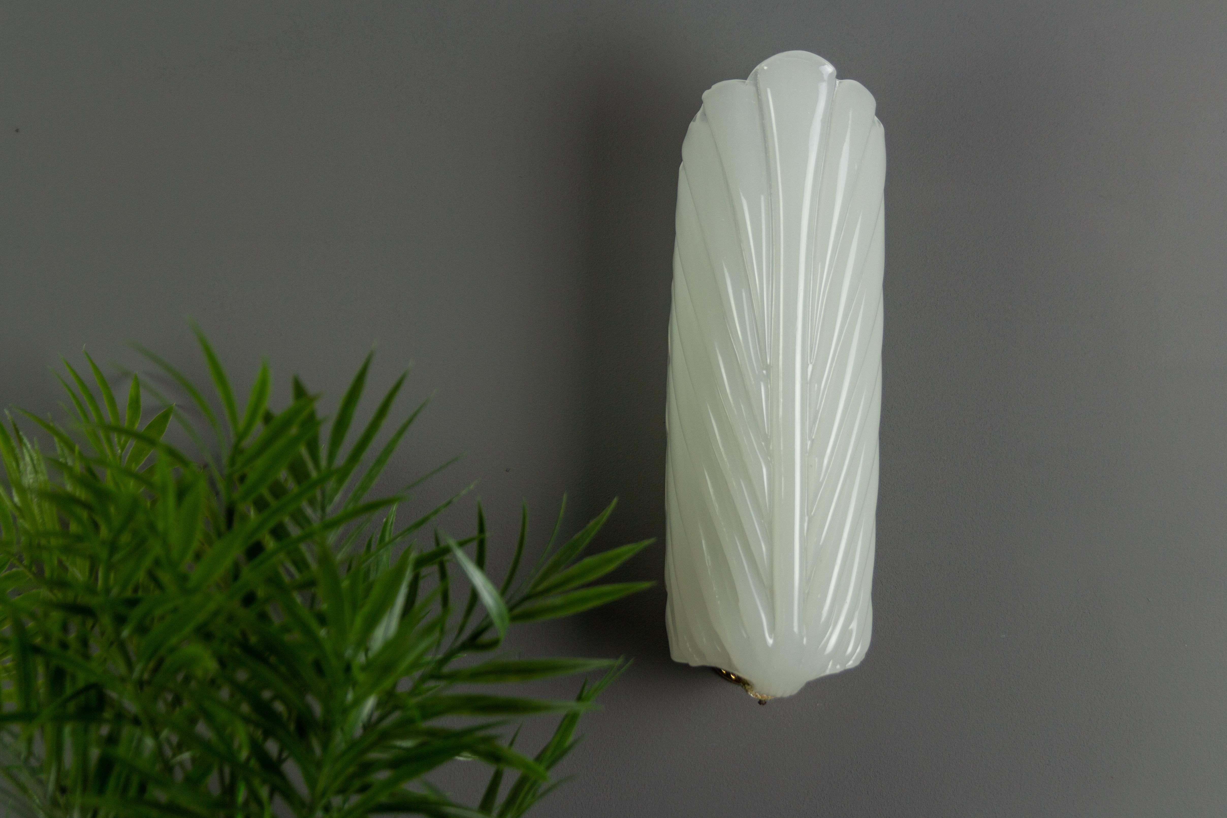 Brass French Art Deco André Arbus Style Feather Shaped Opaline White Glass Wall Light