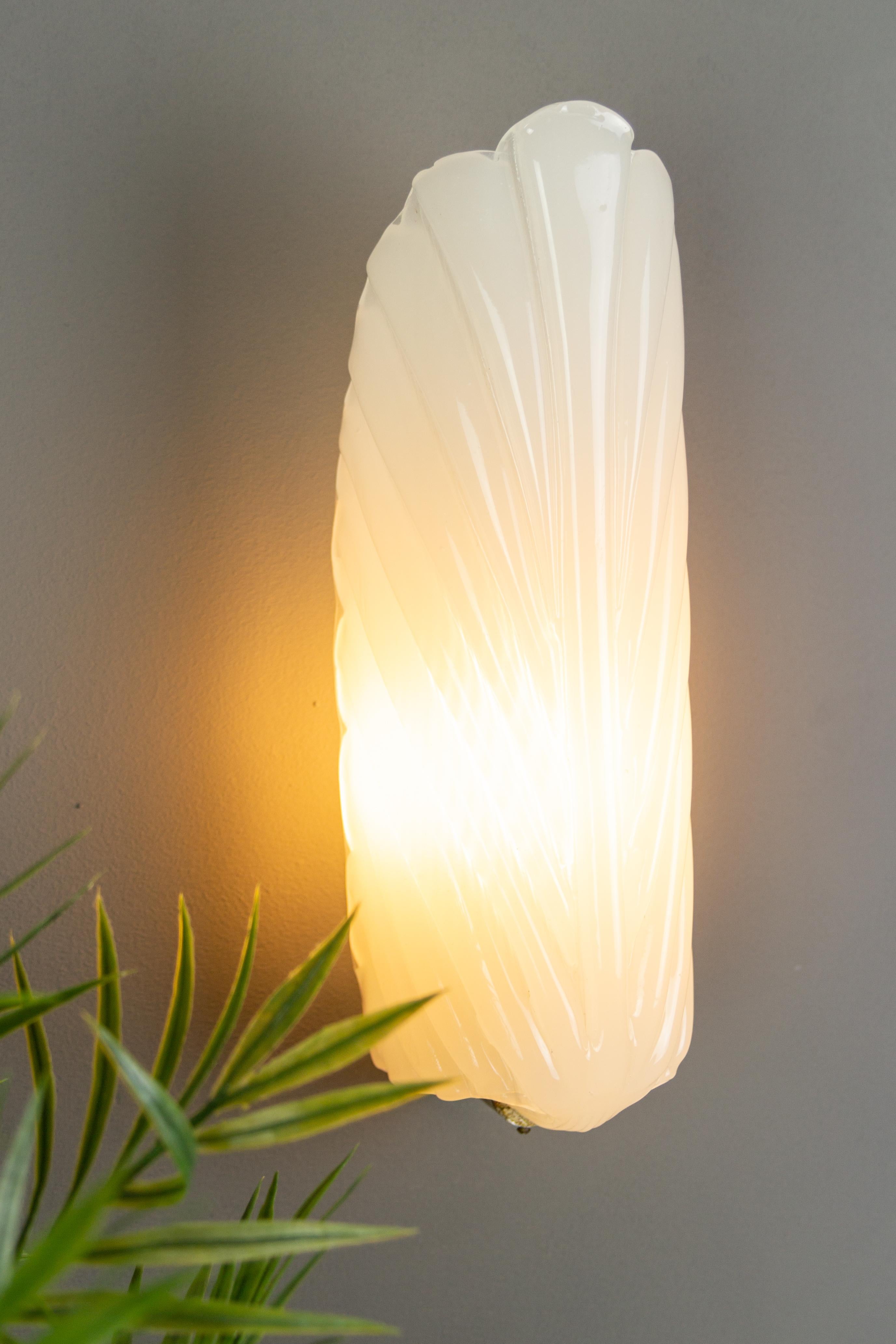 French Art Deco André Arbus Style Feather Shaped Opaline White Glass Wall Light 1
