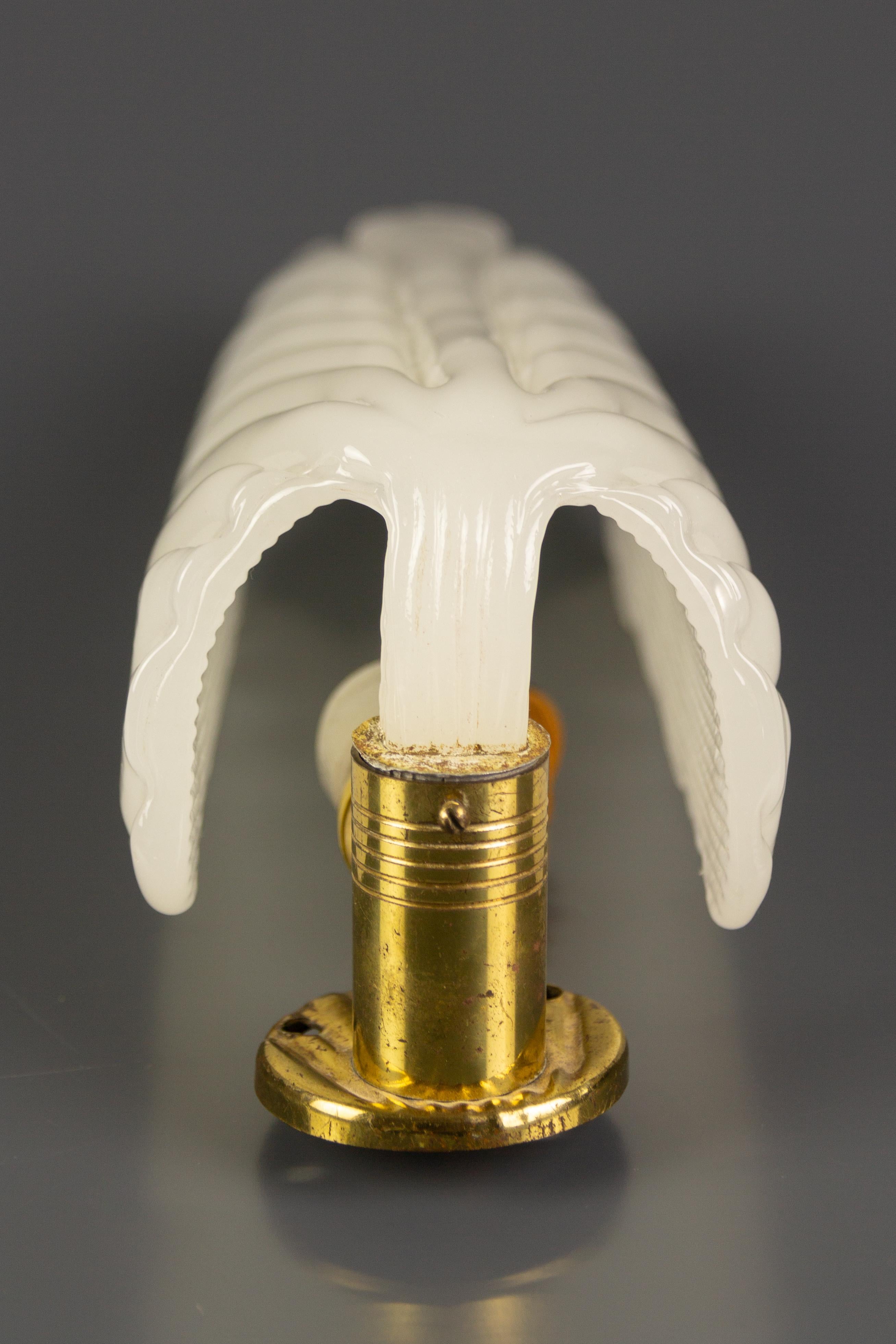French Art Deco André Arbus Style Feather Shaped Opaline White Glass Wall Light 4