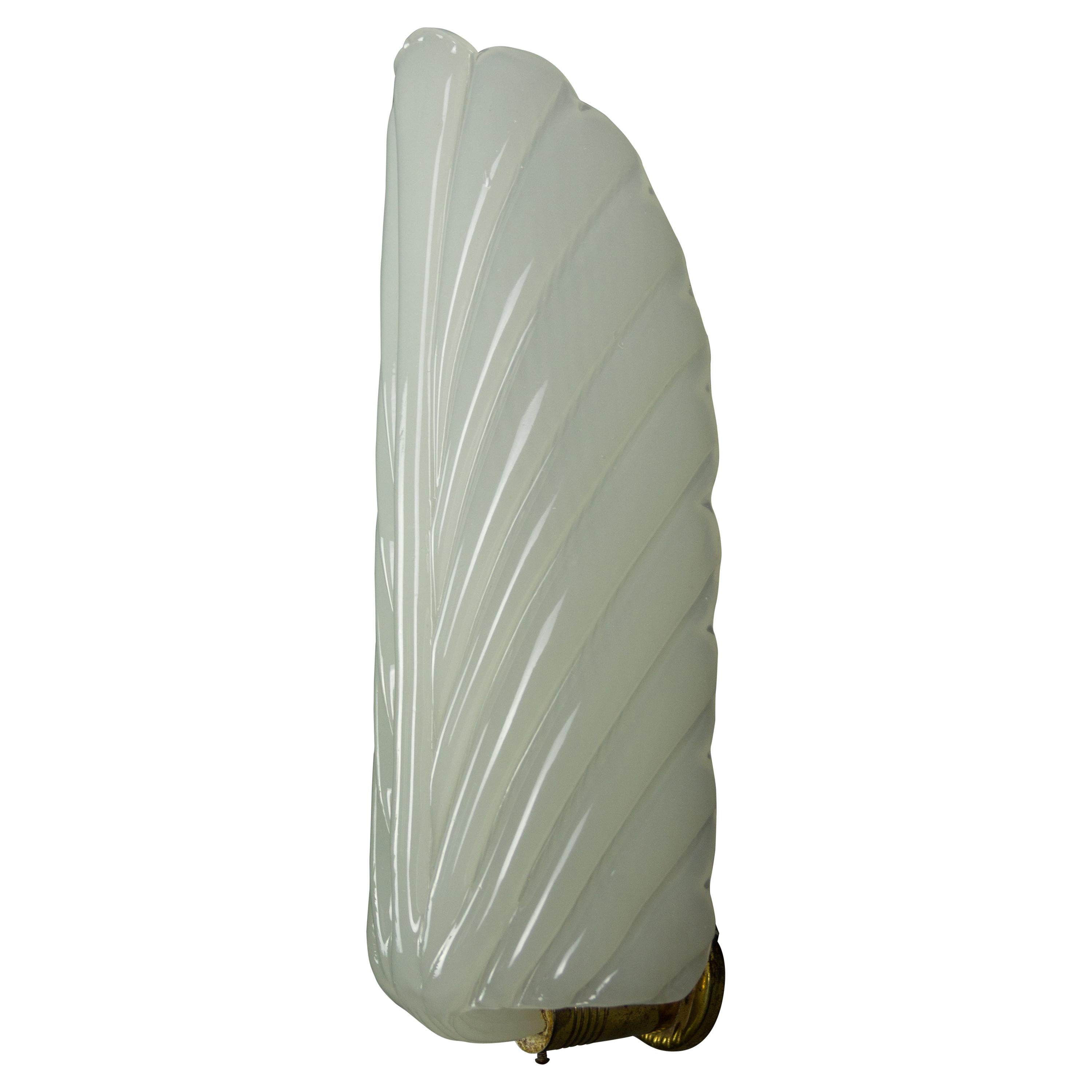 French Art Deco André Arbus Style Feather Shaped Opaline White Glass Wall Light