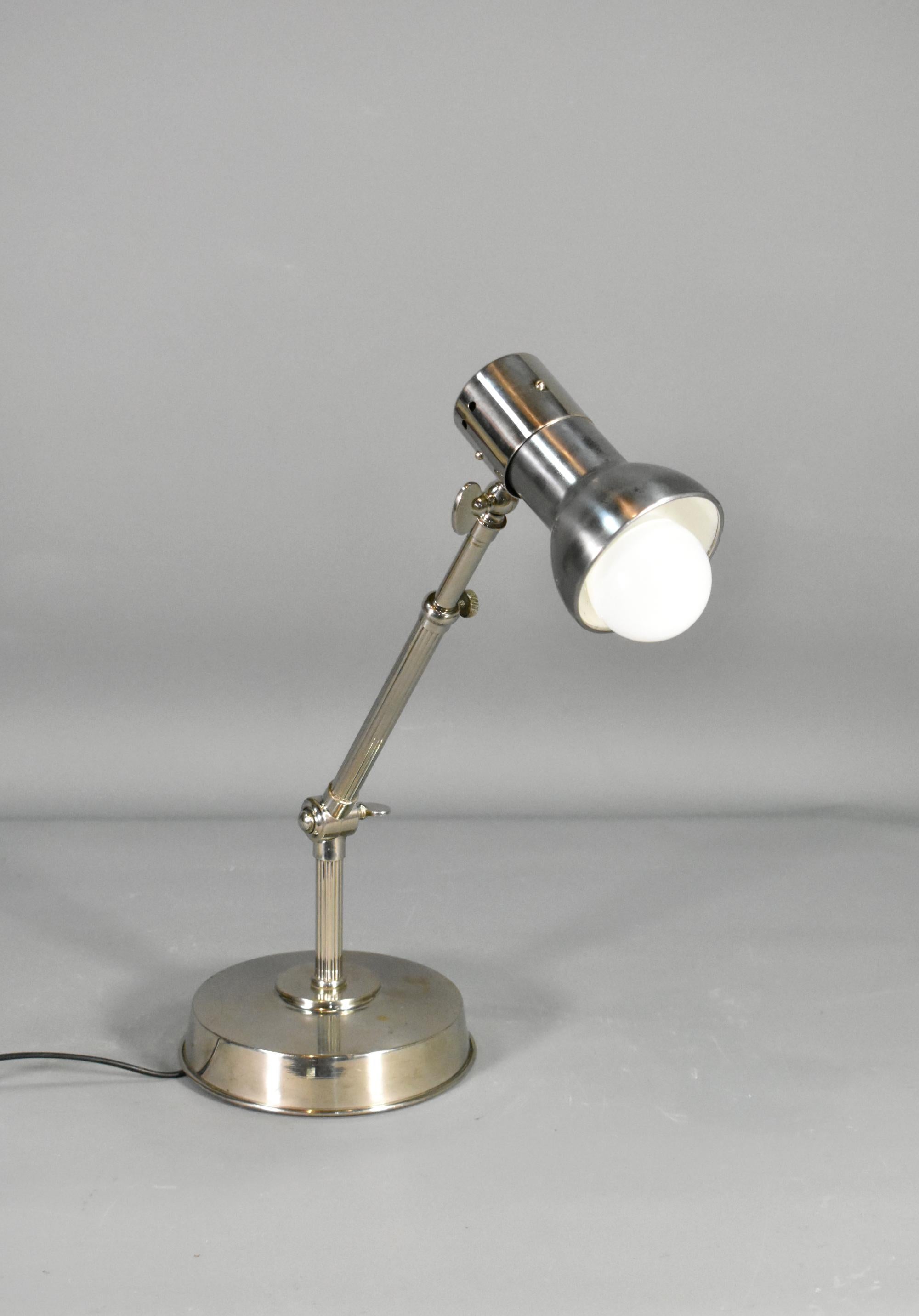 French Art Deco Anglepoise Desk Lamp in Chrome 

A stylish and adjustable Art Deco Anglepoise Desk Lamp that can be angled into a wide variety of positions due to its three point adjustment system. 

Its cast iron base helps to anchor it to a table