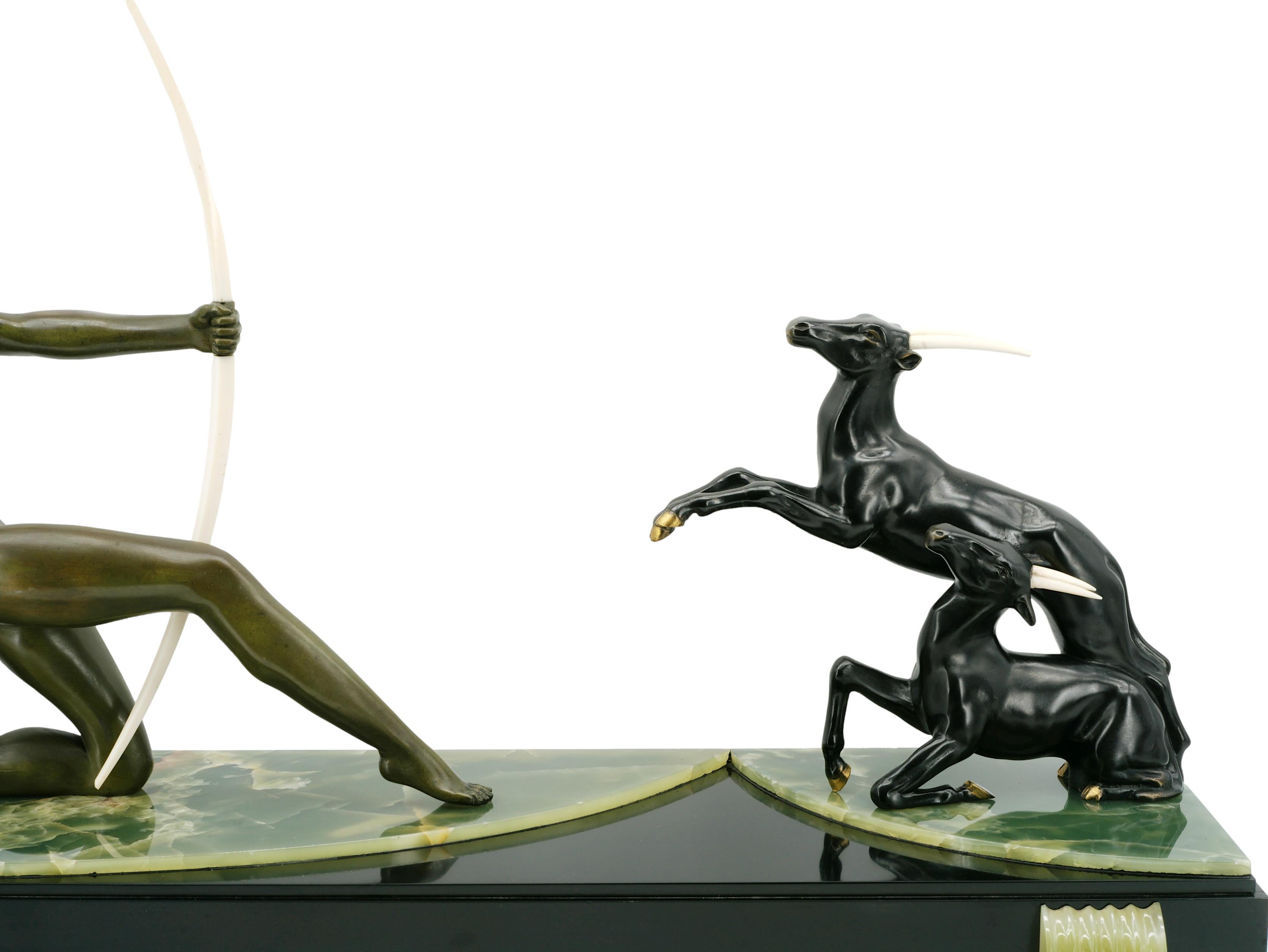 Onyx French Art Deco Antelope Huntress Sculpture, circa 1930 For Sale