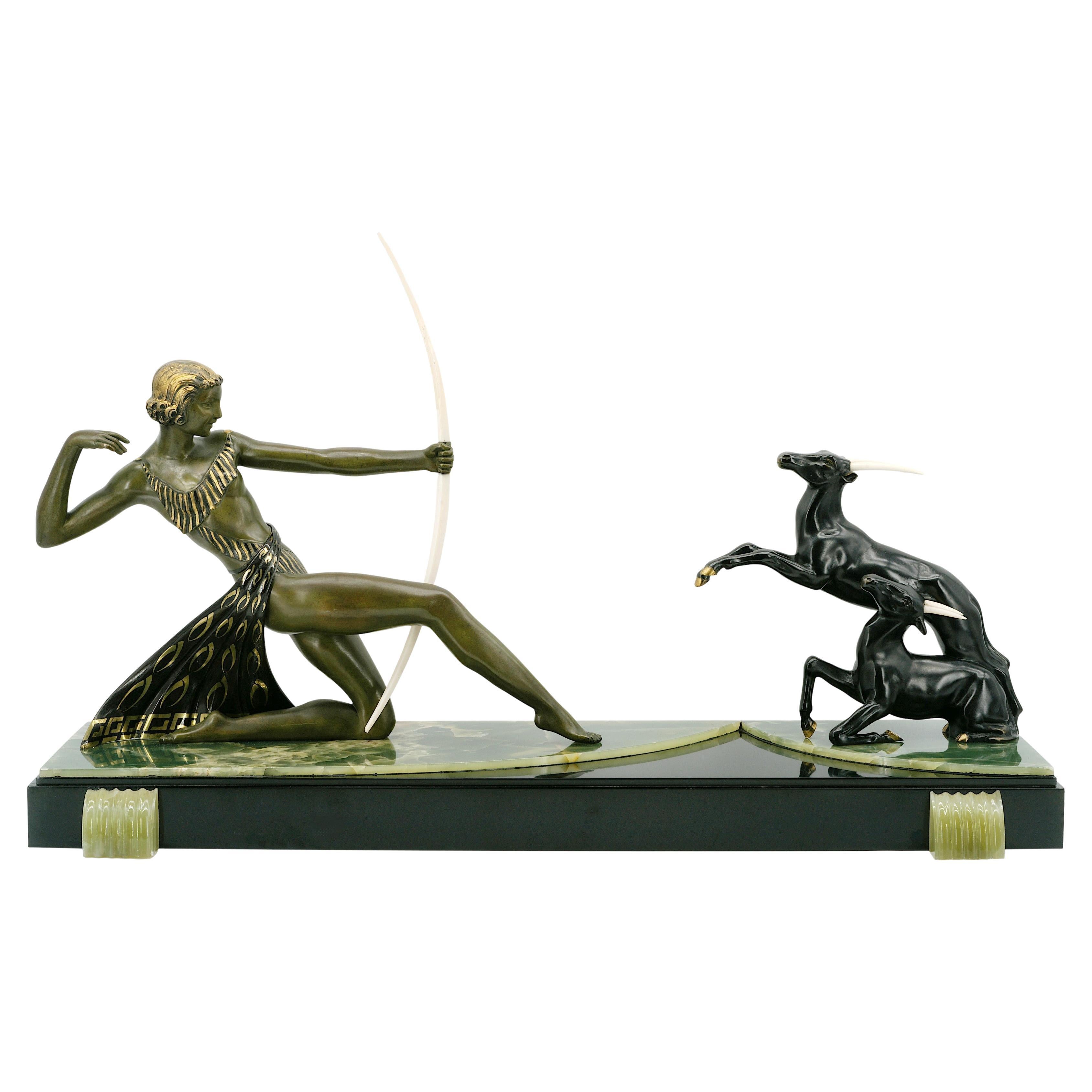 French Art Deco Antelope Huntress Sculpture, circa 1930 For Sale