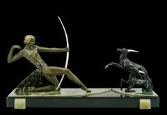 French Art Deco Antelope Huntress Sculpture, Spelter & Onyx, 1930