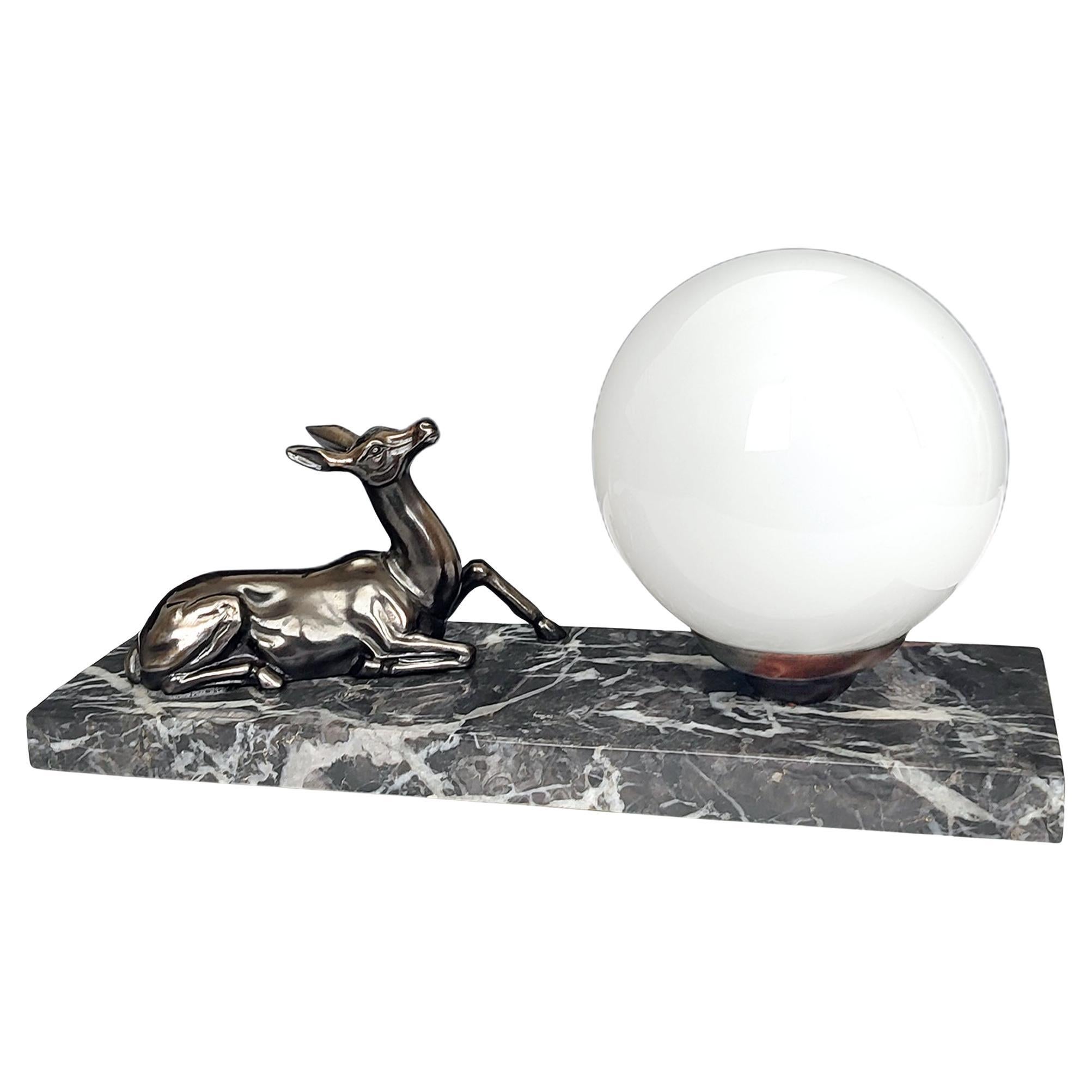 French Art Deco Antelope Table Lamp, Silvered Spelter 
Marble, 1930s For Sale