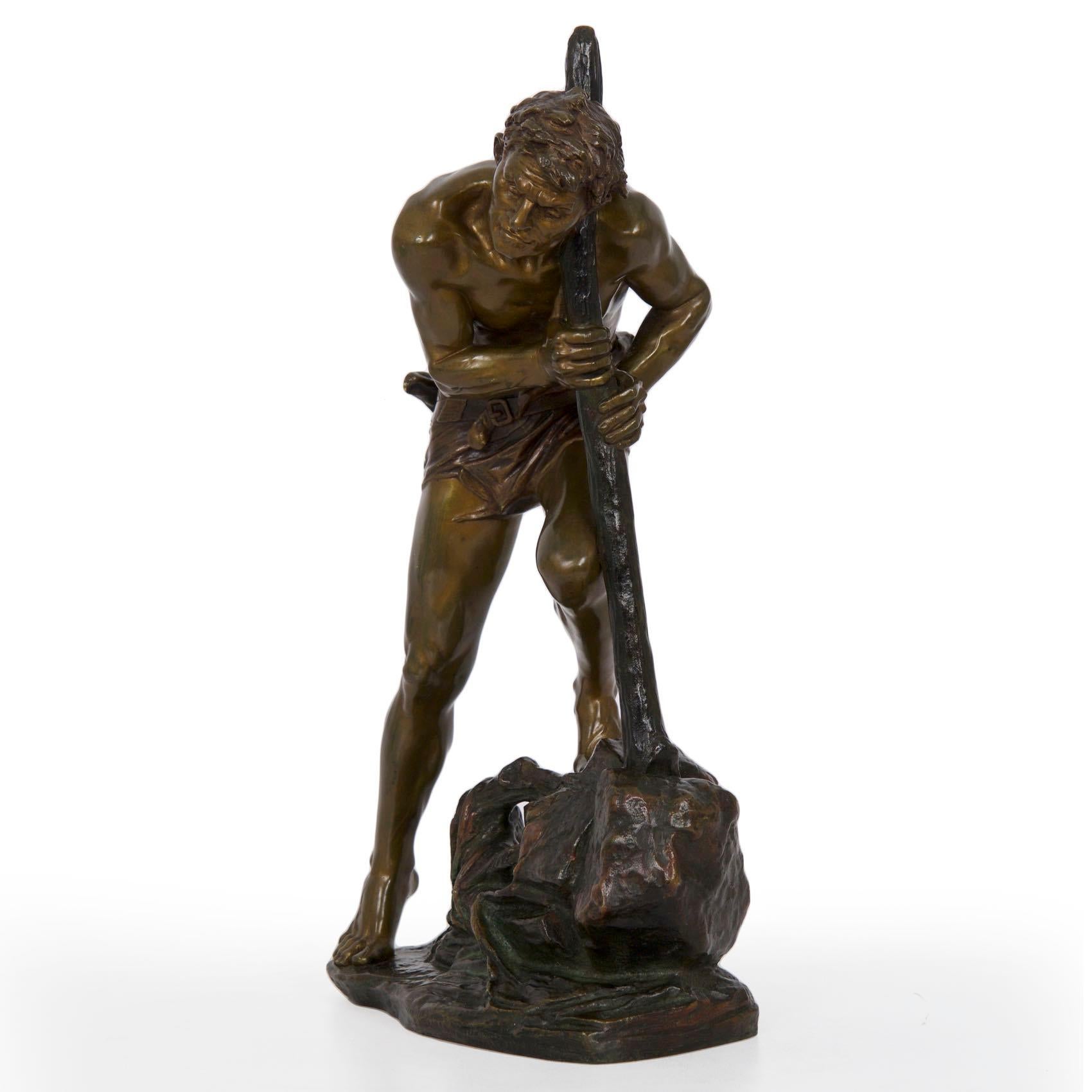 French Art Deco Antique Bronze Sculpture of Laborer by Edouard Drouot 3