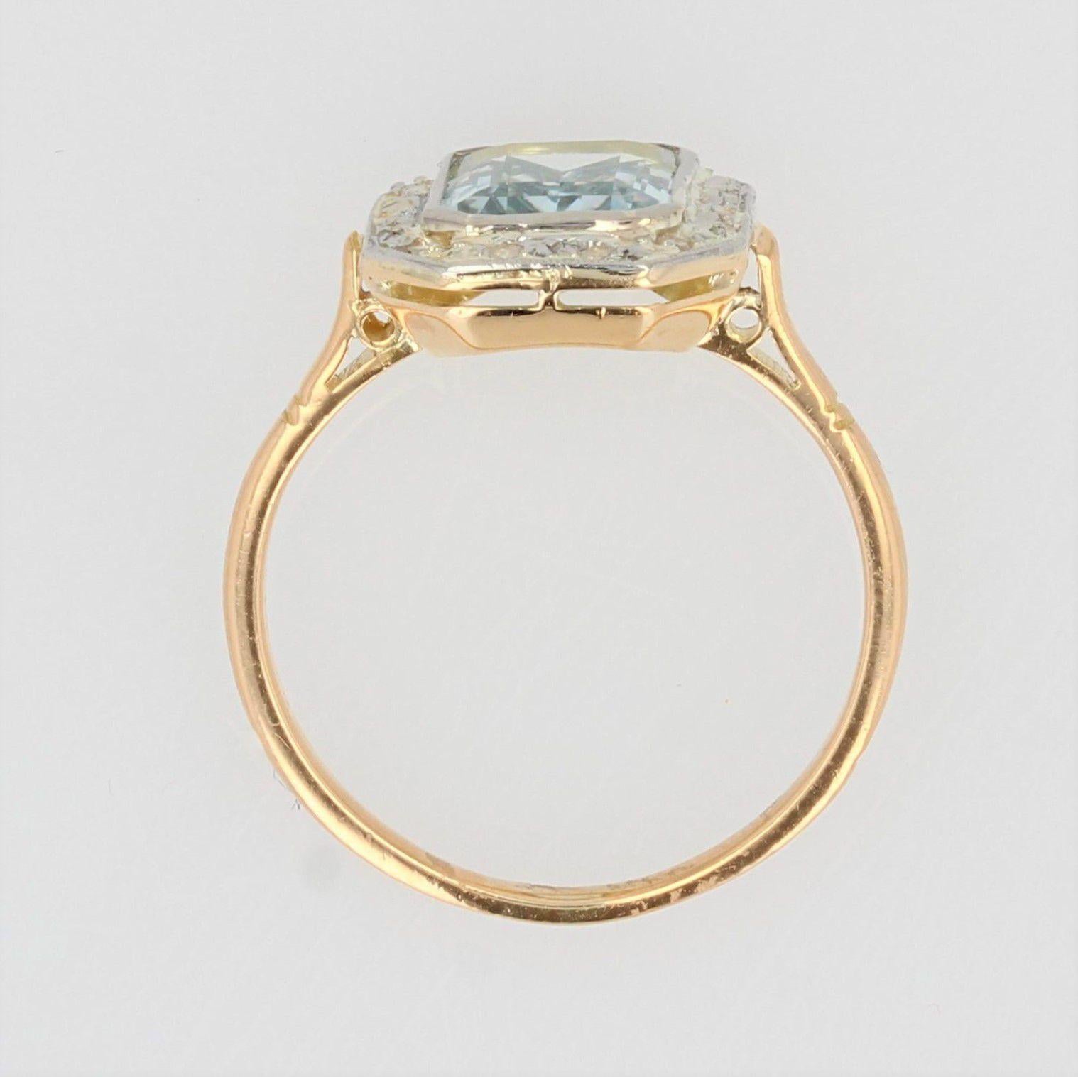 French Art Deco Aquamarine Diamond 18 Karat Yellow Gold Platinum Ring 5