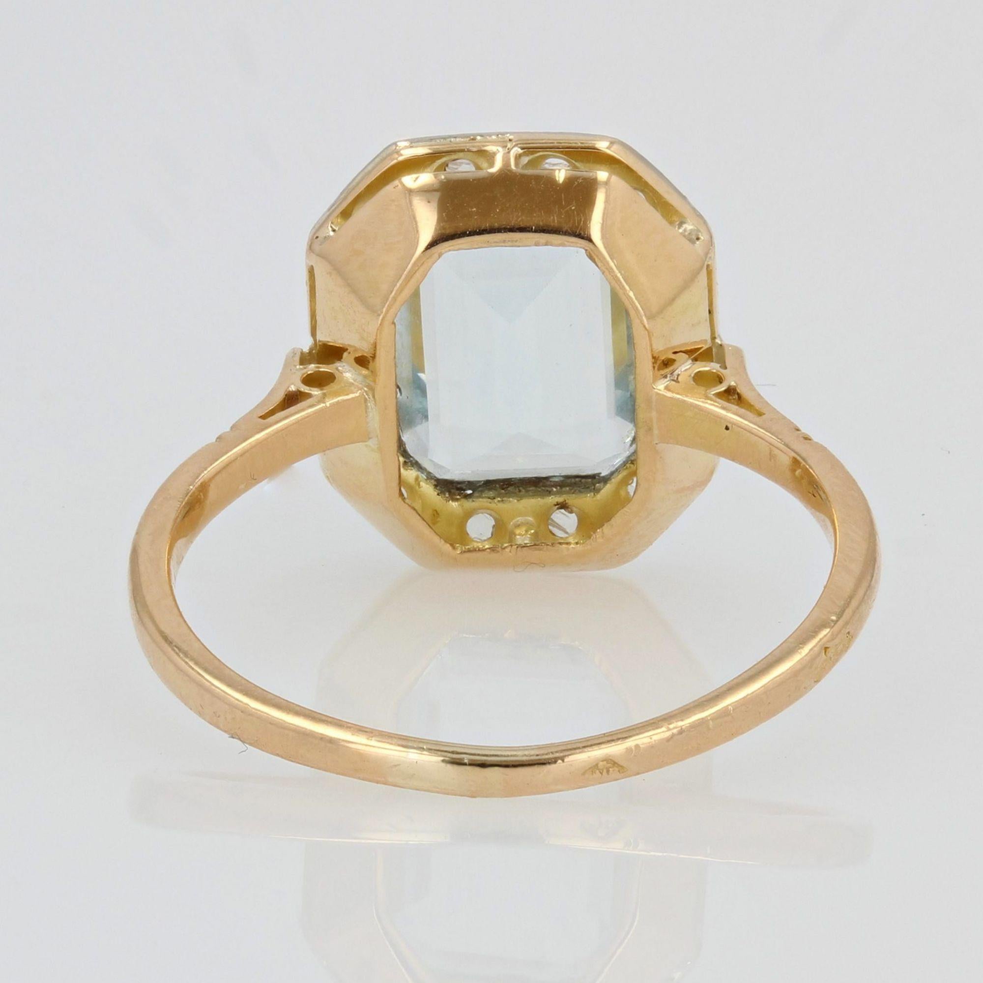 French Art Deco Aquamarine Diamond 18 Karat Yellow Gold Platinum Ring 6