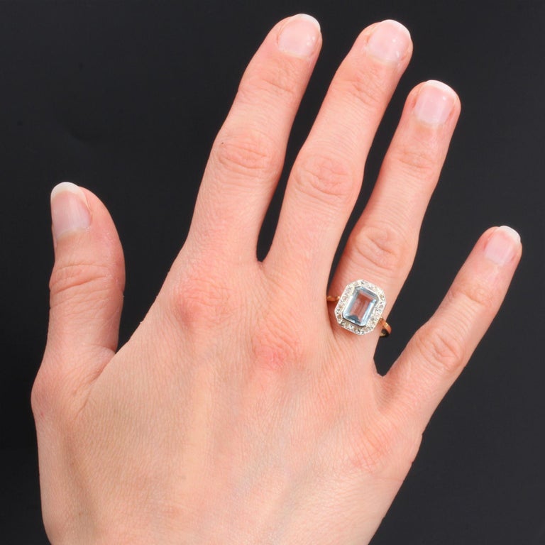 French Art Deco Aquamarine Diamond 18 Karat Yellow Gold Platinum Ring ...