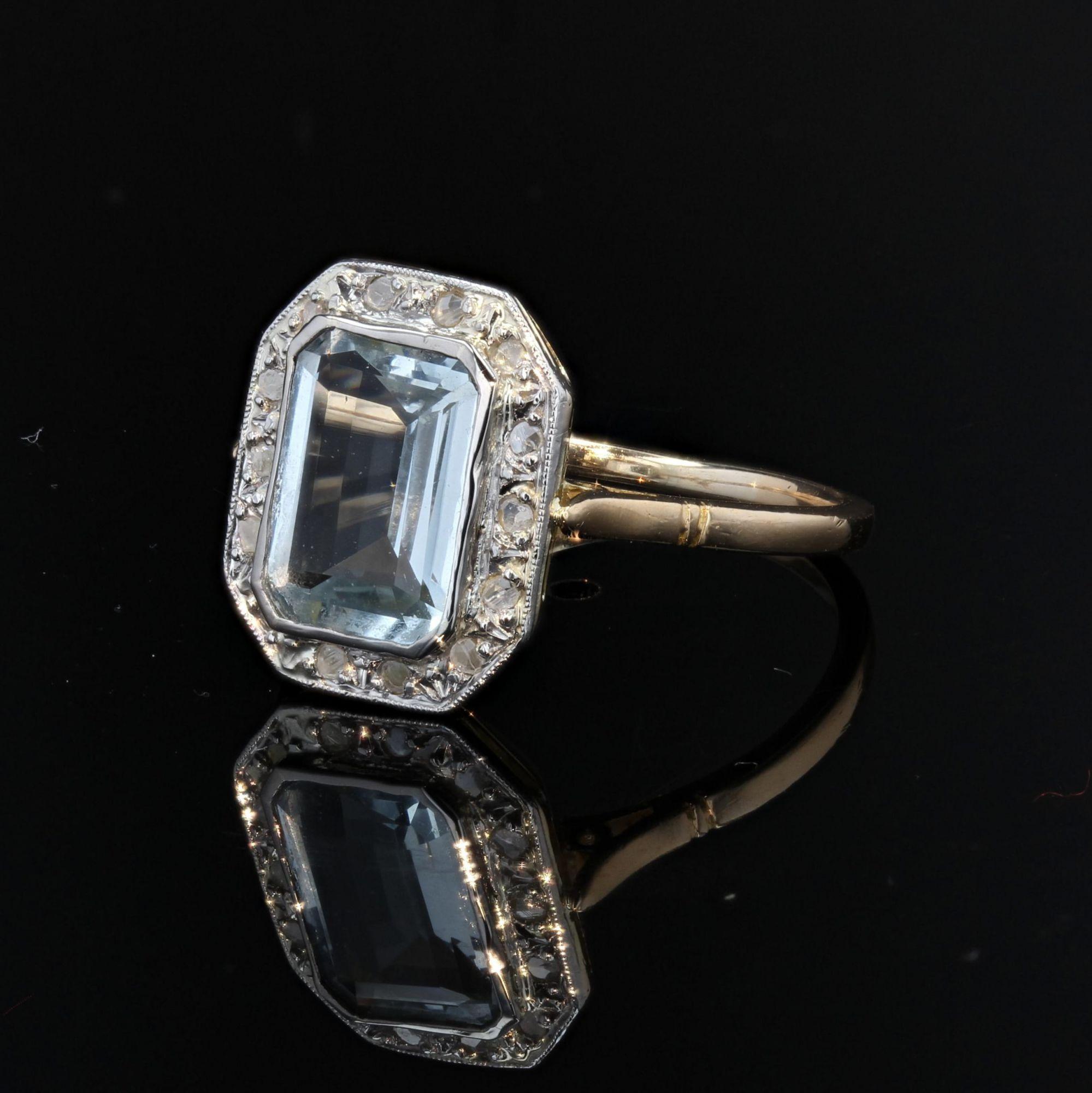 Rose Cut French Art Deco Aquamarine Diamond 18 Karat Yellow Gold Platinum Ring