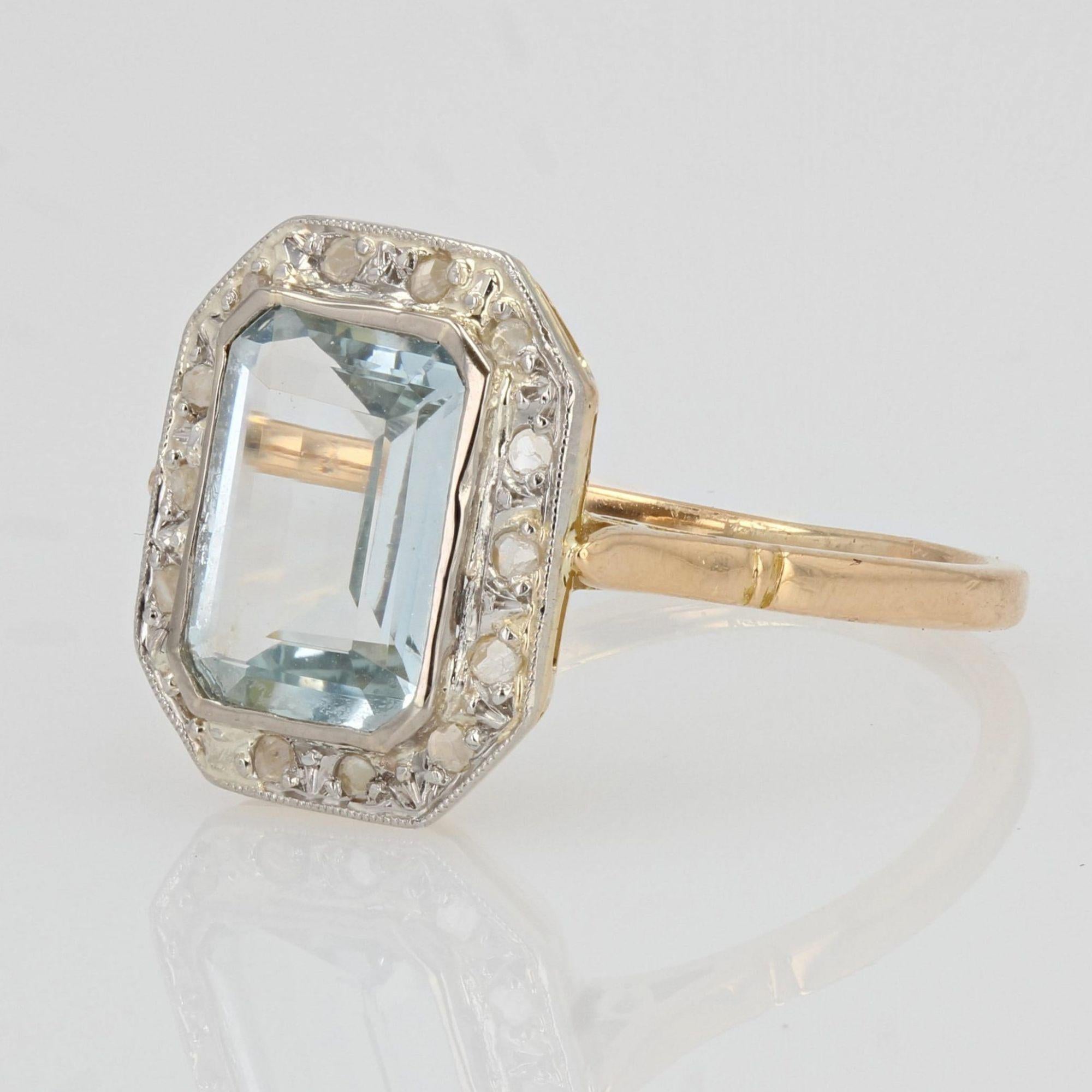 French Art Deco Aquamarine Diamond 18 Karat Yellow Gold Platinum Ring 1