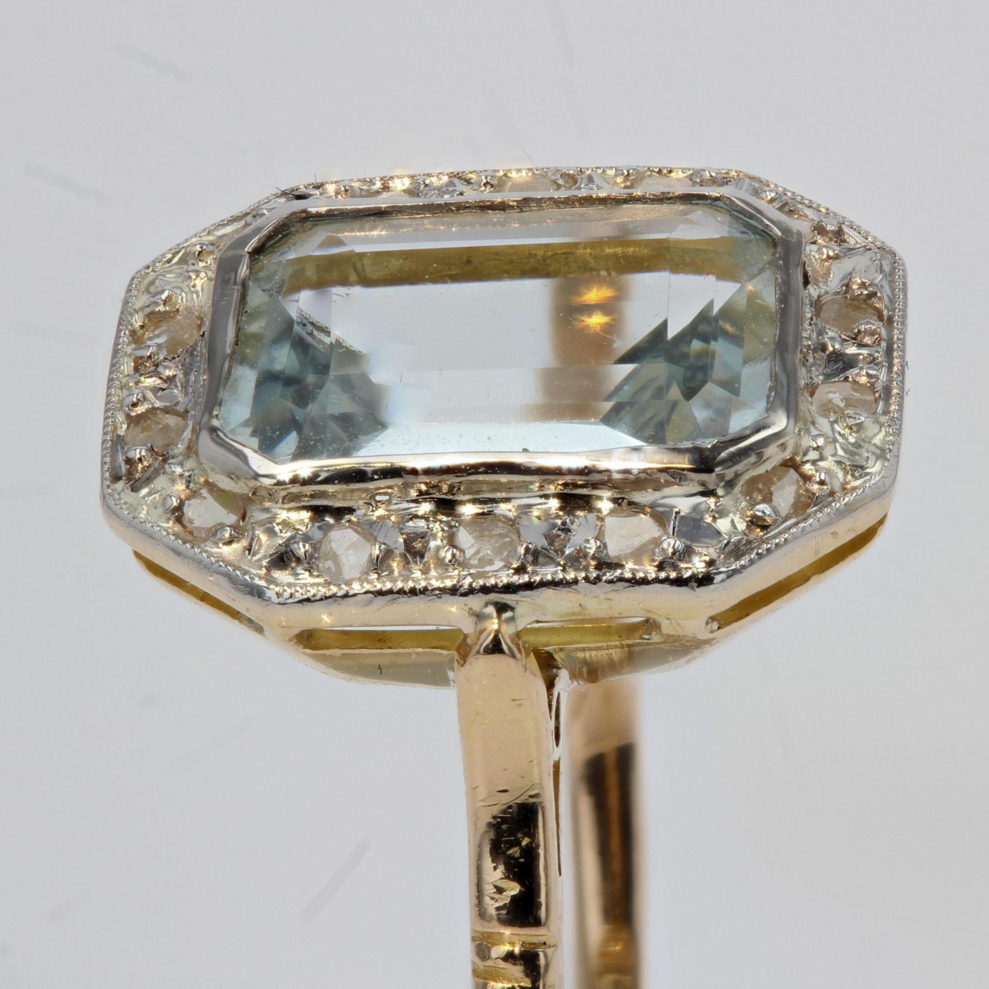 French Art Deco Aquamarine Diamond 18 Karat Yellow Gold Platinum Ring 2