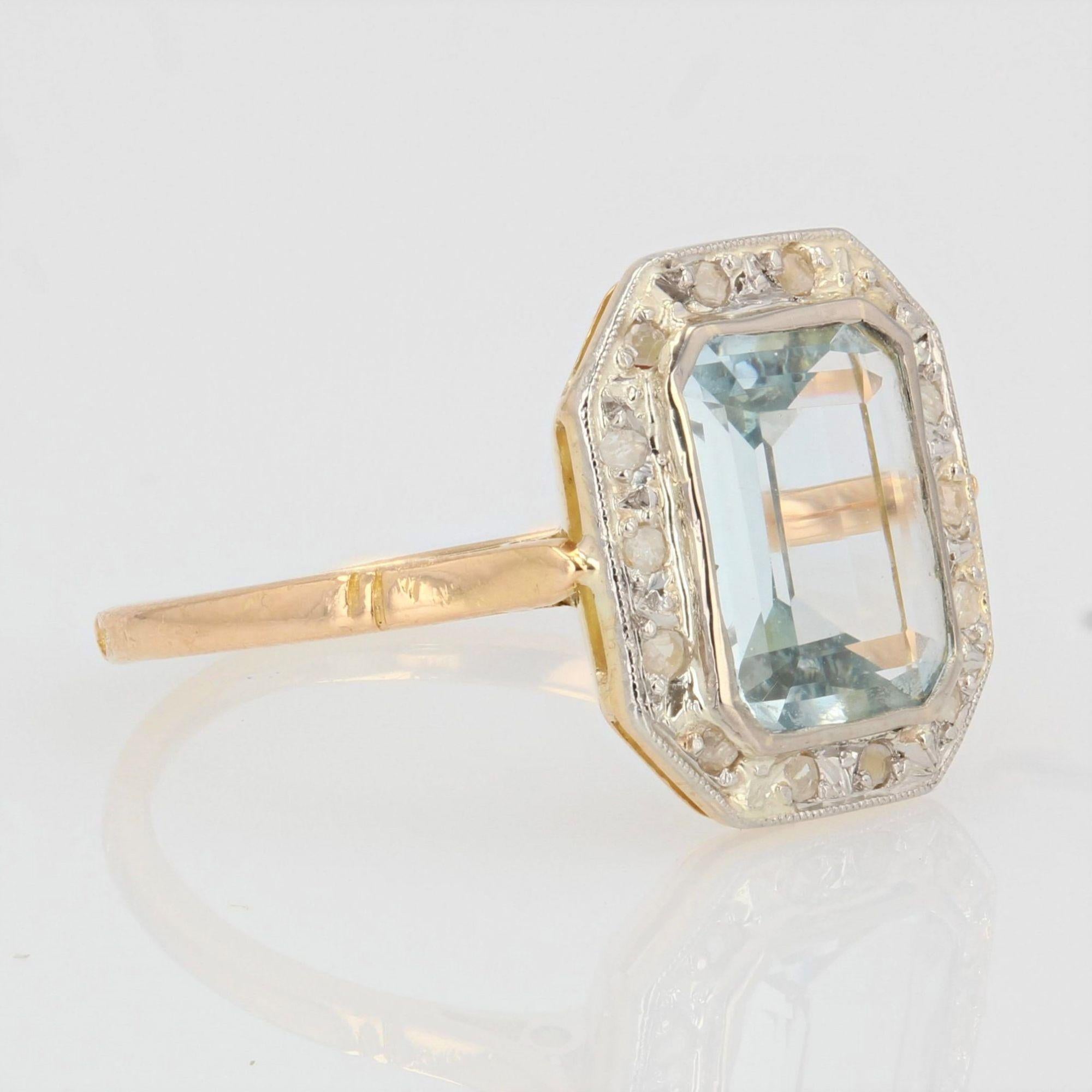 French Art Deco Aquamarine Diamond 18 Karat Yellow Gold Platinum Ring 3