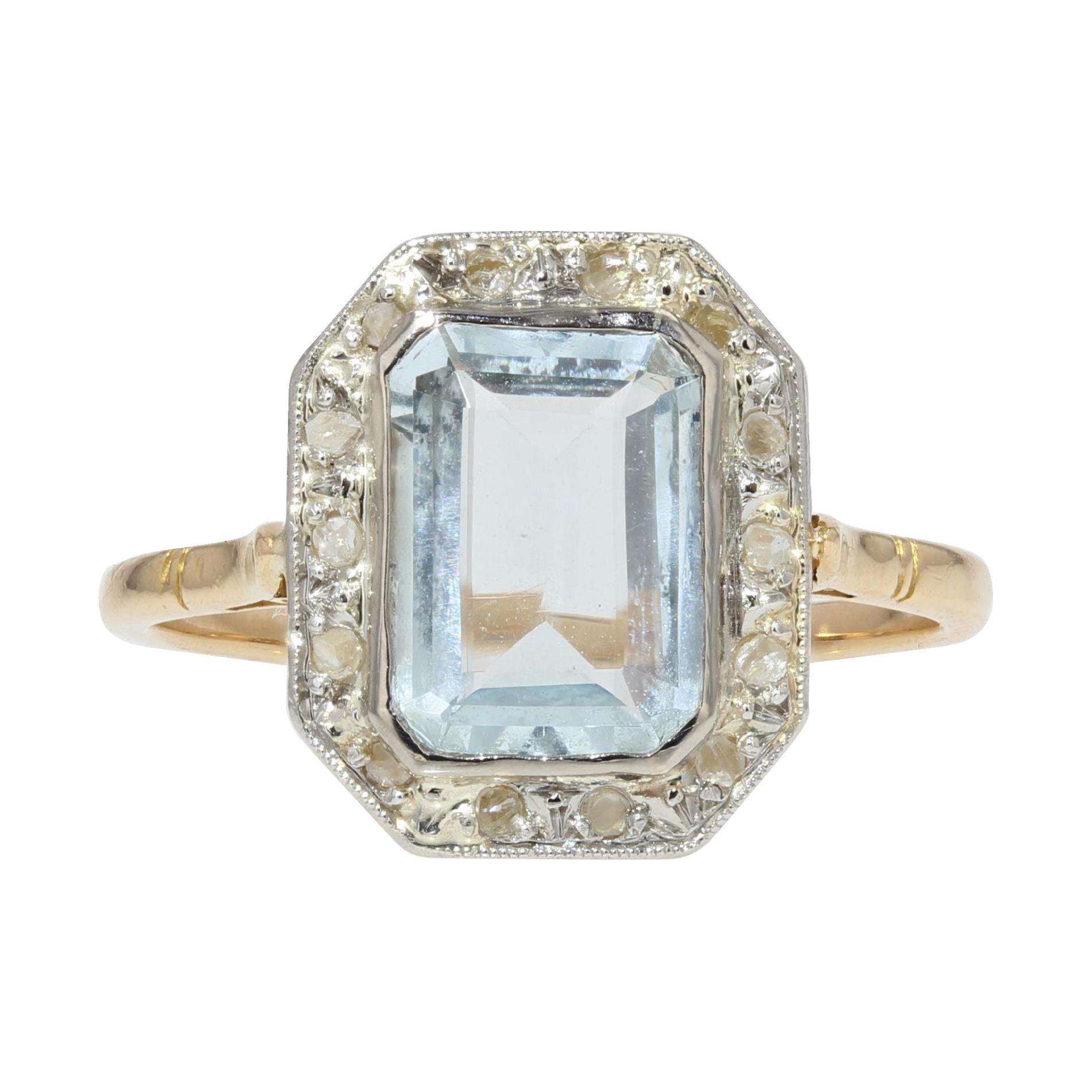 French Art Deco Aquamarine Diamond 18 Karat Yellow Gold Platinum Ring