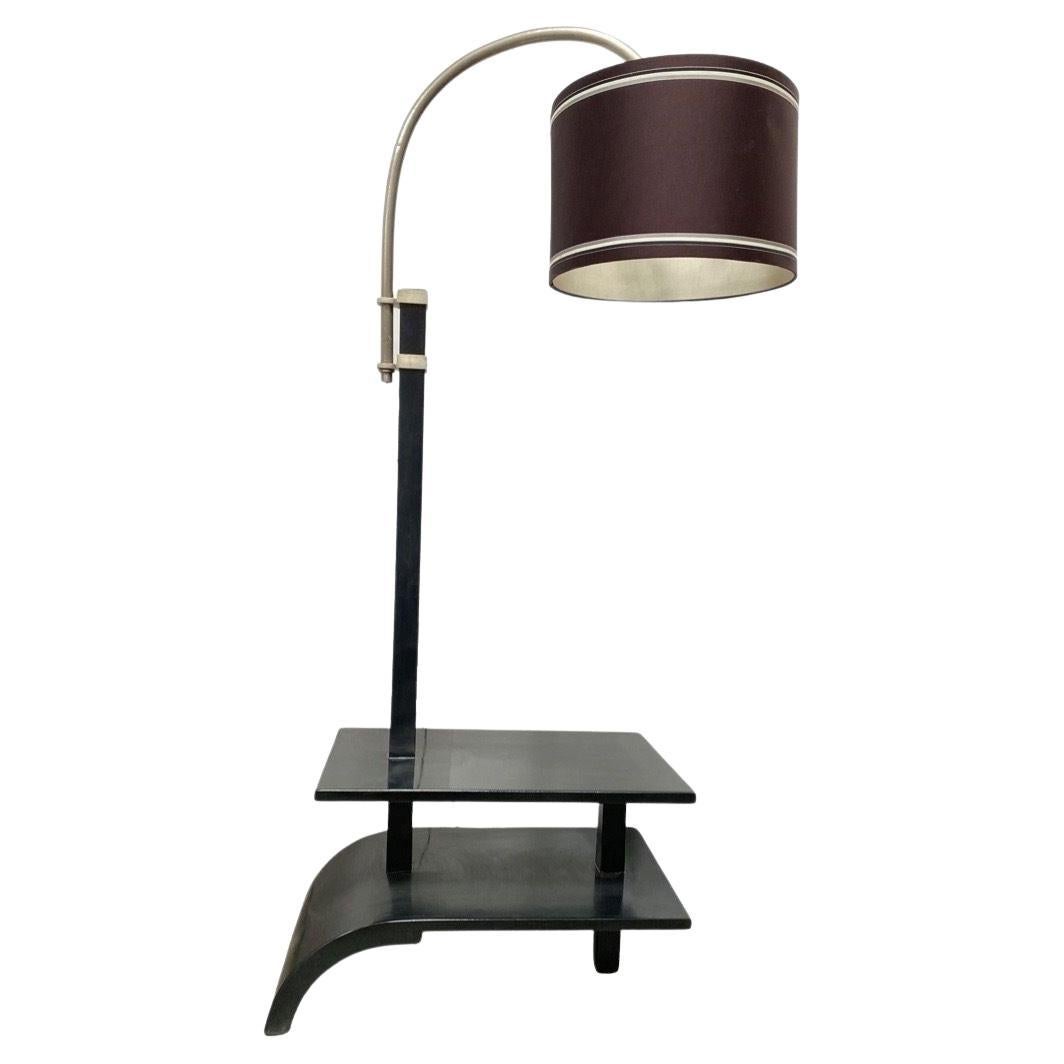 French Art Deco Arched Floor Lamp with Side Table Shelf Base in Black For Sale