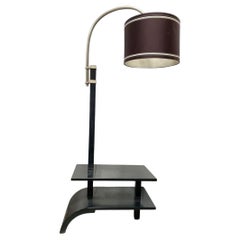 French Art Deco Arched Floor Lamp with Side Table Shelf Base in Black