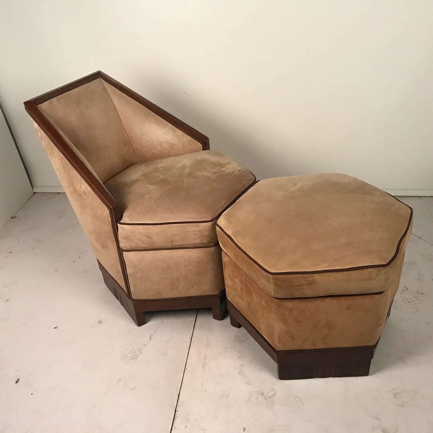 Early 20th Century French Art Deco Armchair and Ottoman by Saddier