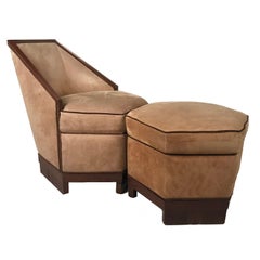 Antique French Art Deco Armchair and Ottoman by Saddier