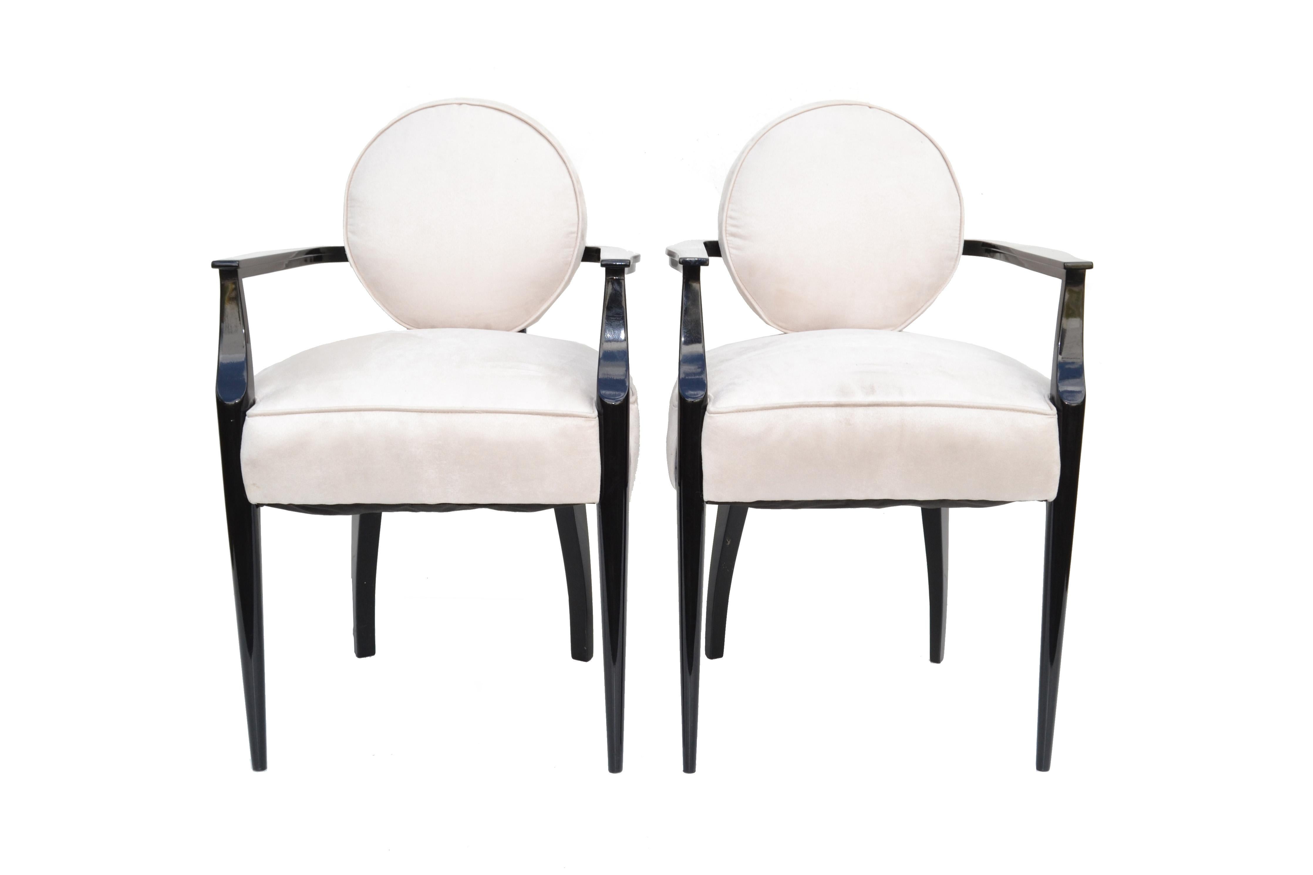 Lacquered French Art Deco Armchair Dominique style ultrasuede Fabric, Pair For Sale