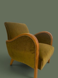 French Art Deco Armchair, Green Velvet and Fruitwood, Nailhead Trim, 1930s