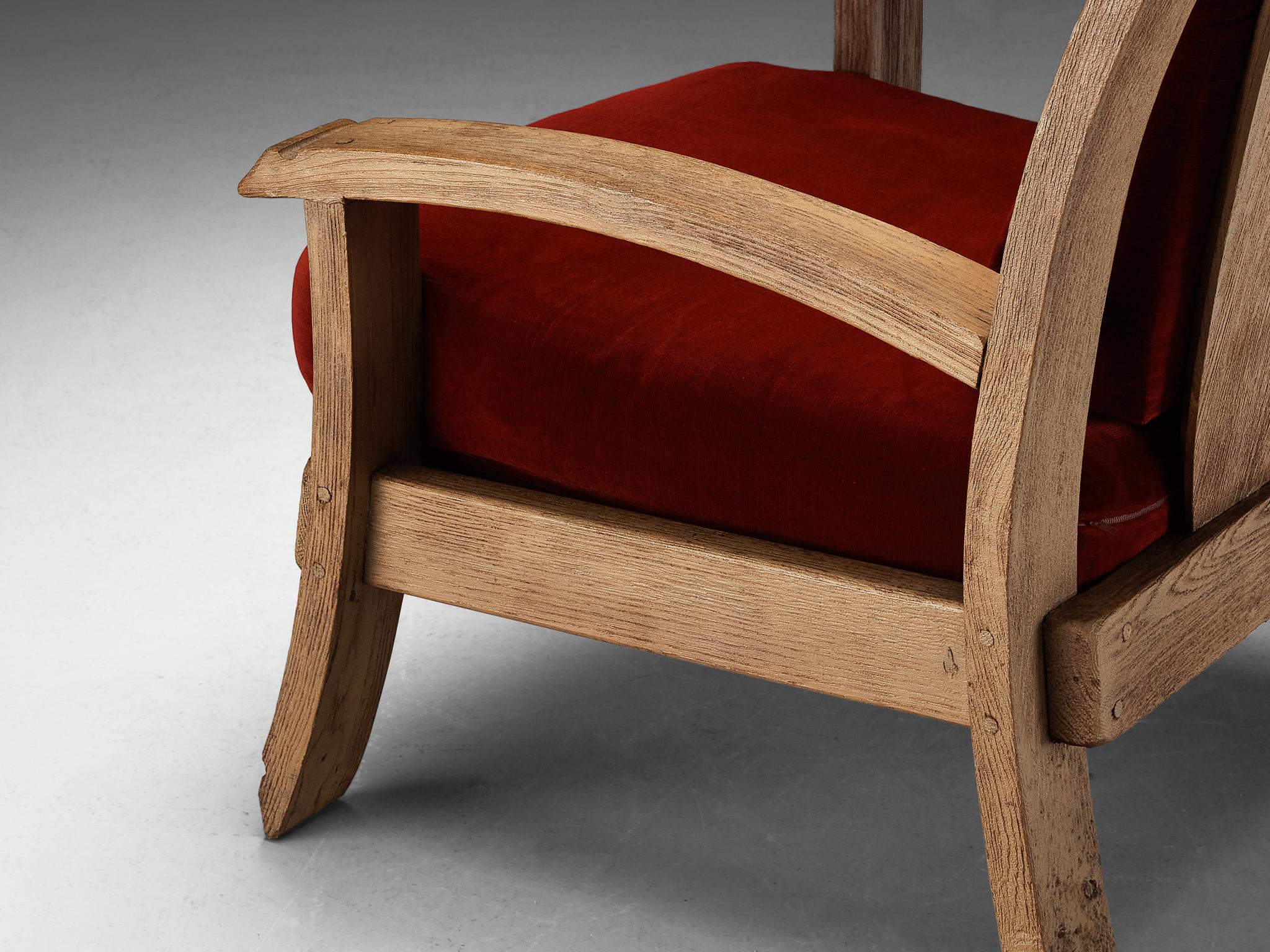 French Art Deco Armchair in Solid Oak and Red Velvet  1