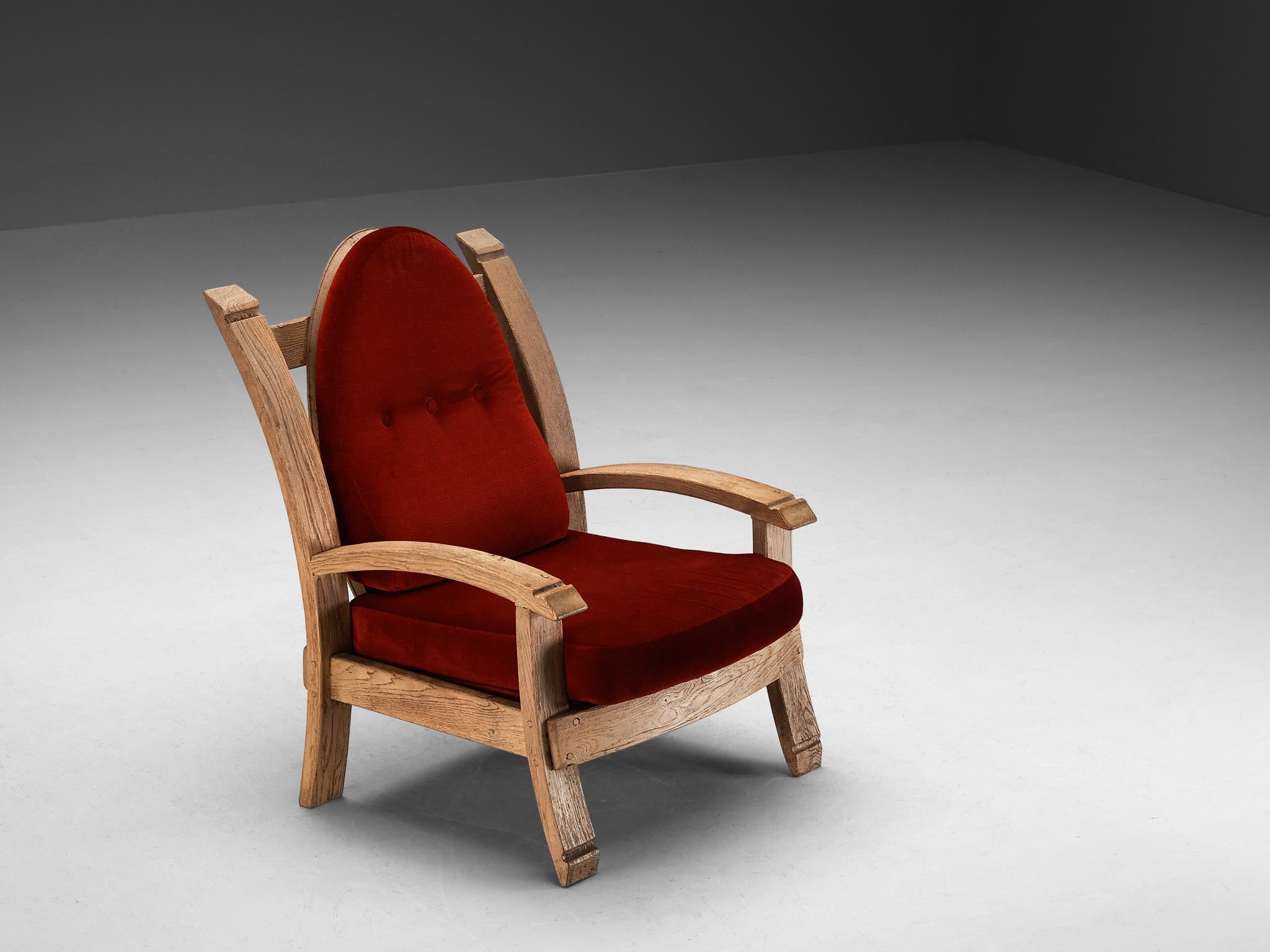 French Art Deco Armchair in Solid Oak and Red Velvet  2