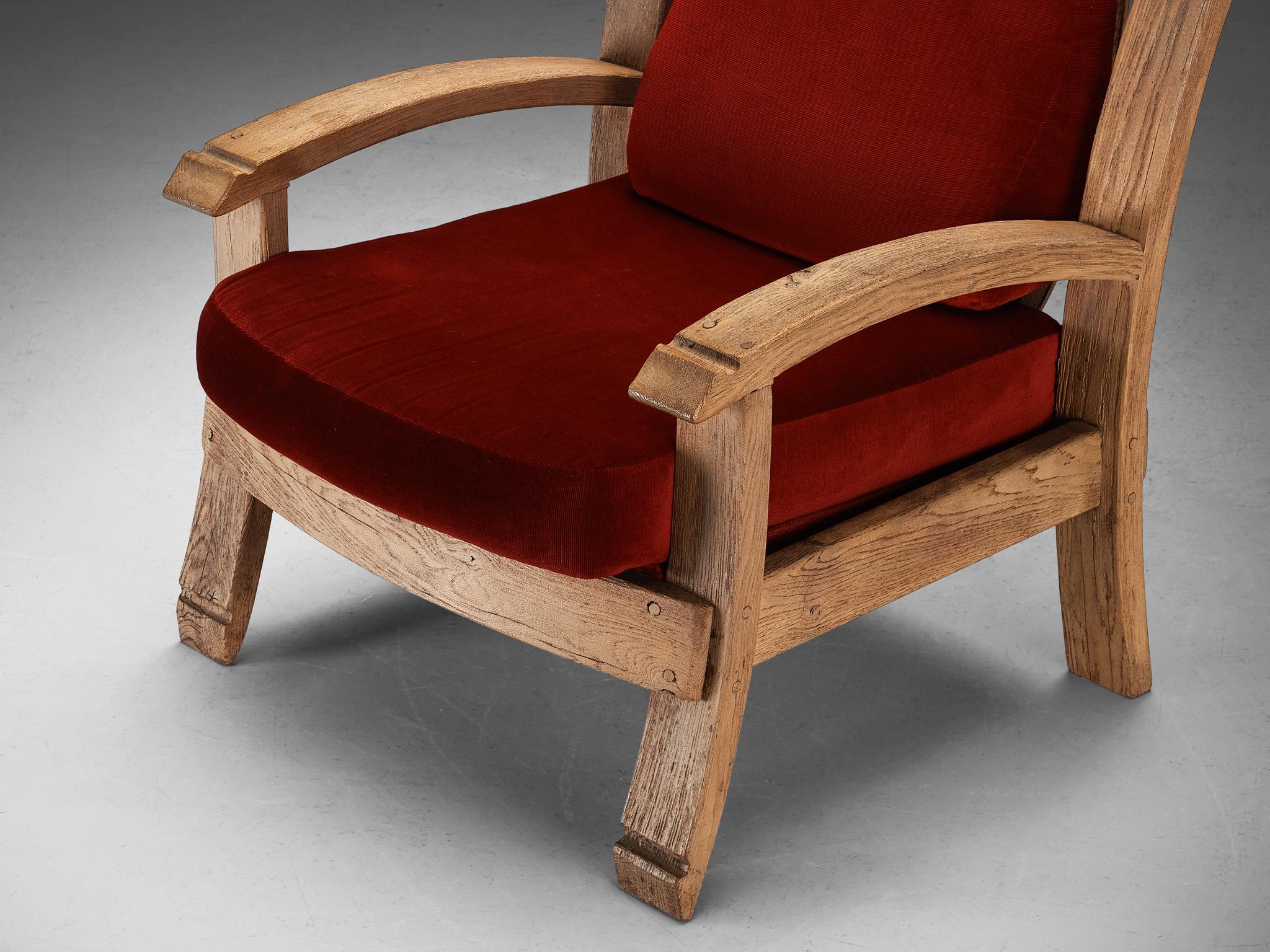 French Art Deco Armchair in Solid Oak and Red Velvet  3