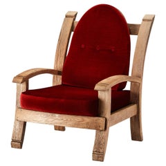 French Art Deco Armchair in Solid Oak and Red Velvet 