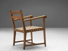 French Art Deco 1940s Armchair in Solid Oak with Woven Canvas Seat