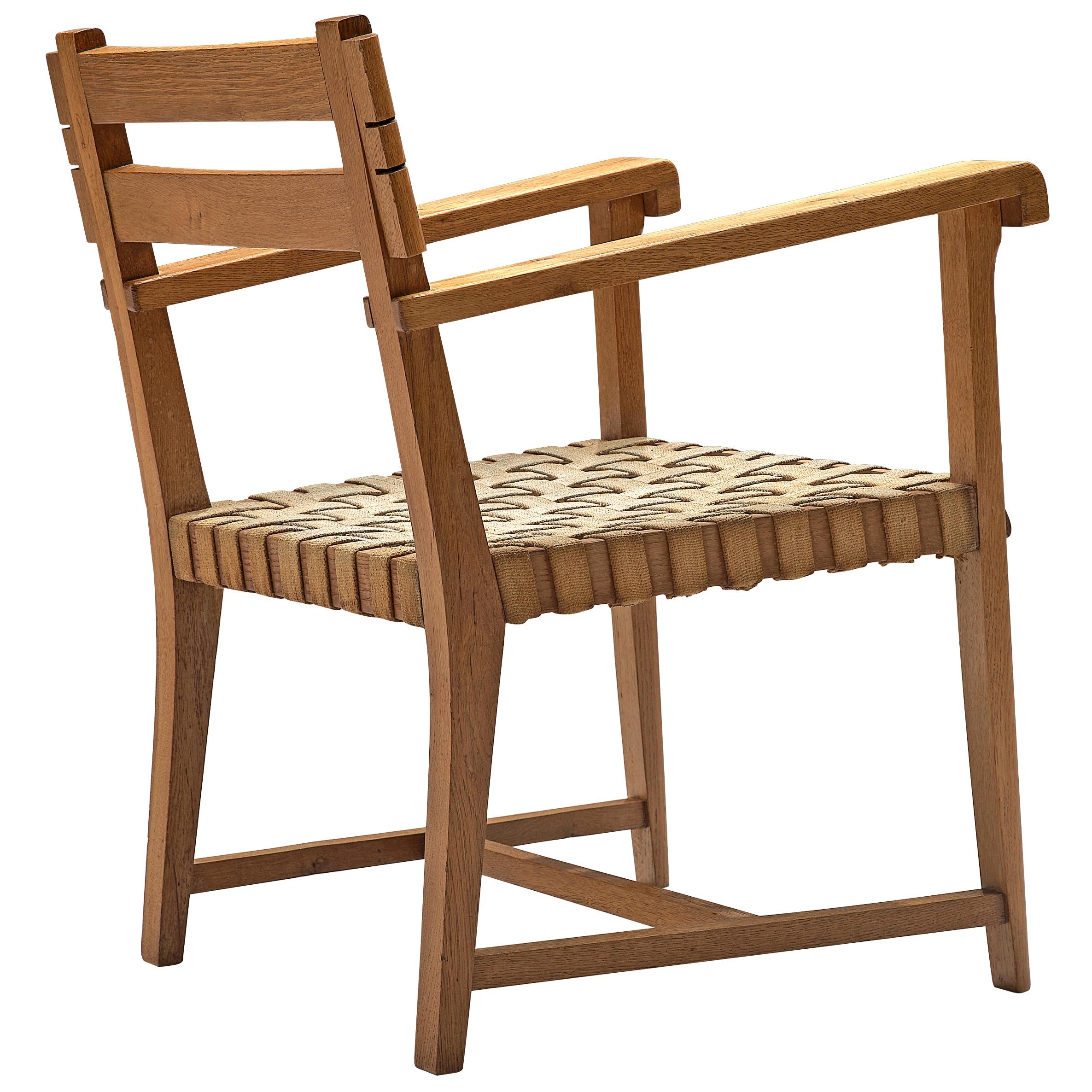 French Art Deco Armchair in Solid Oak with Woven Seat