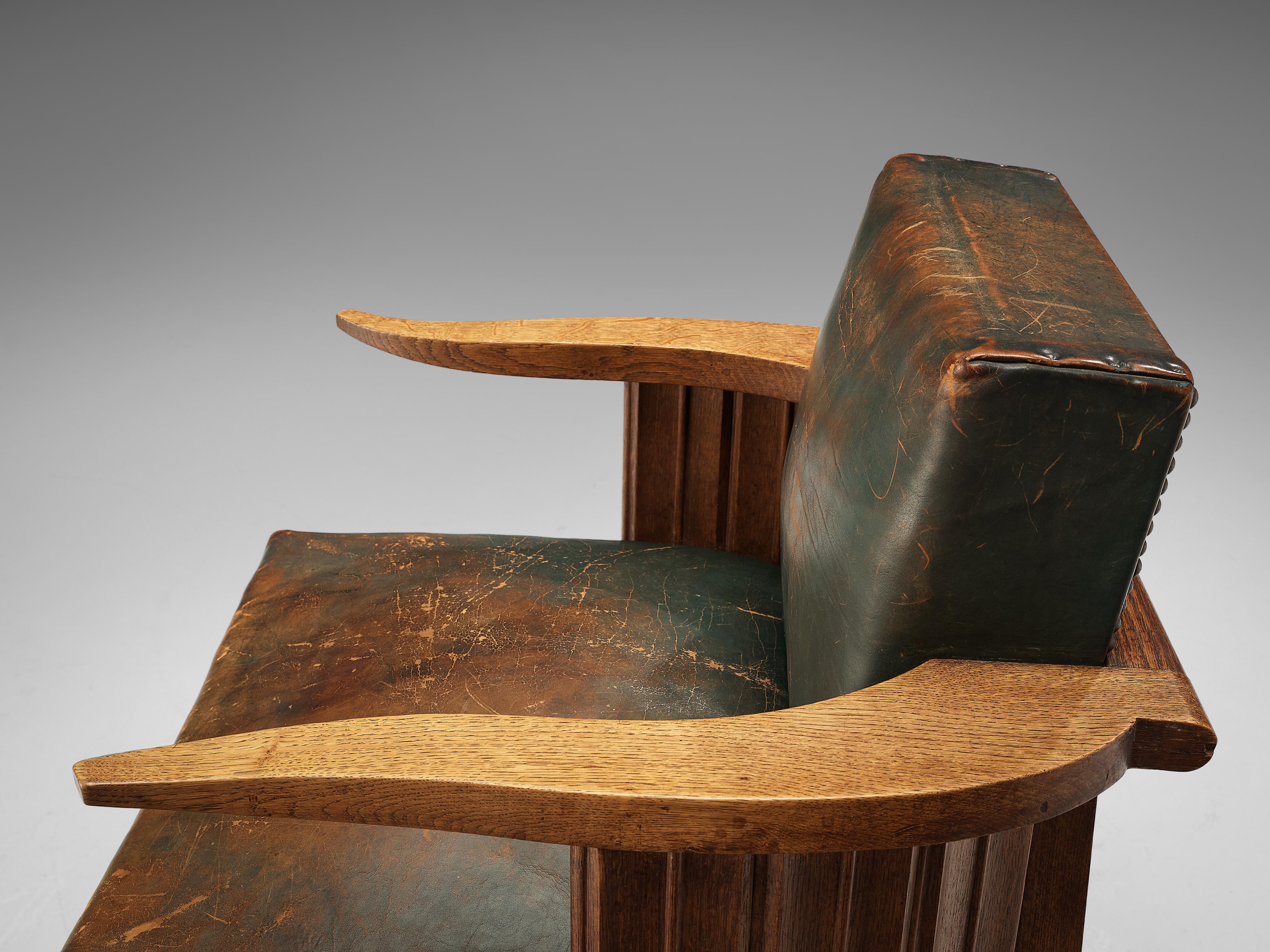 Early 20th Century French Art Deco Armchair in Wood and Patinated Green Leather