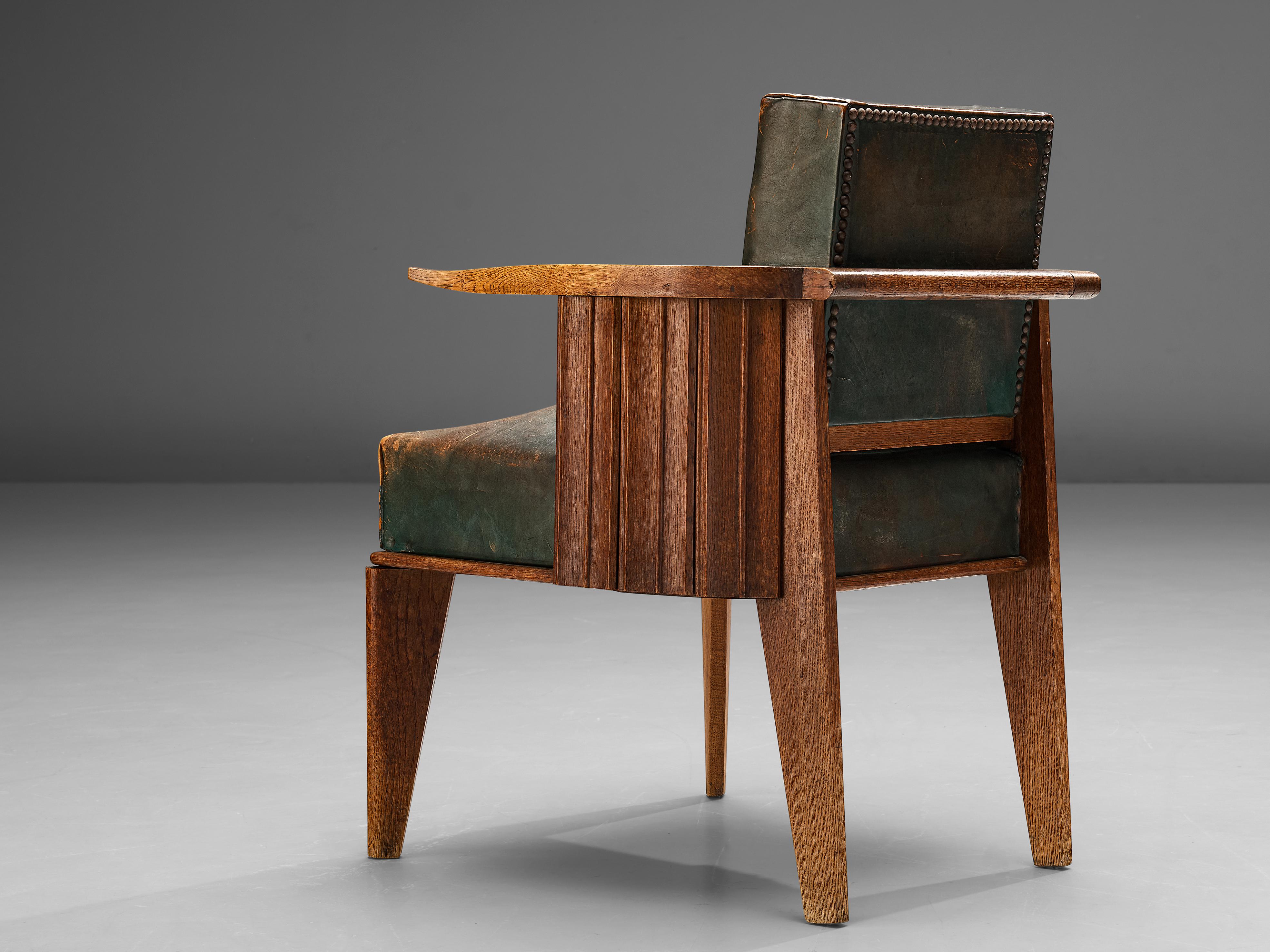 French Art Deco Armchair in Wood and Patinated Green Leather 1