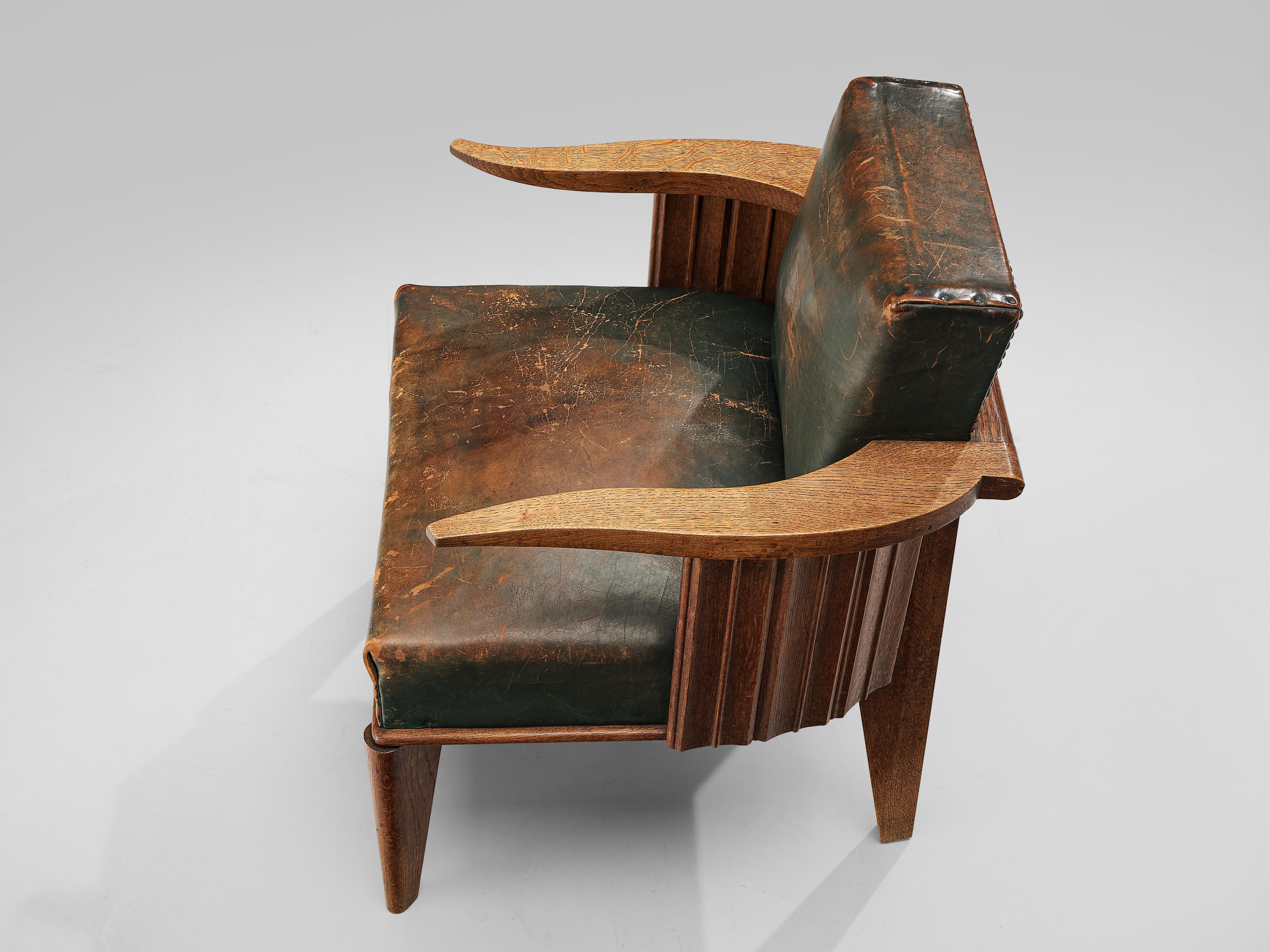 French Art Deco Armchair in Wood and Patinated Green Leather 3