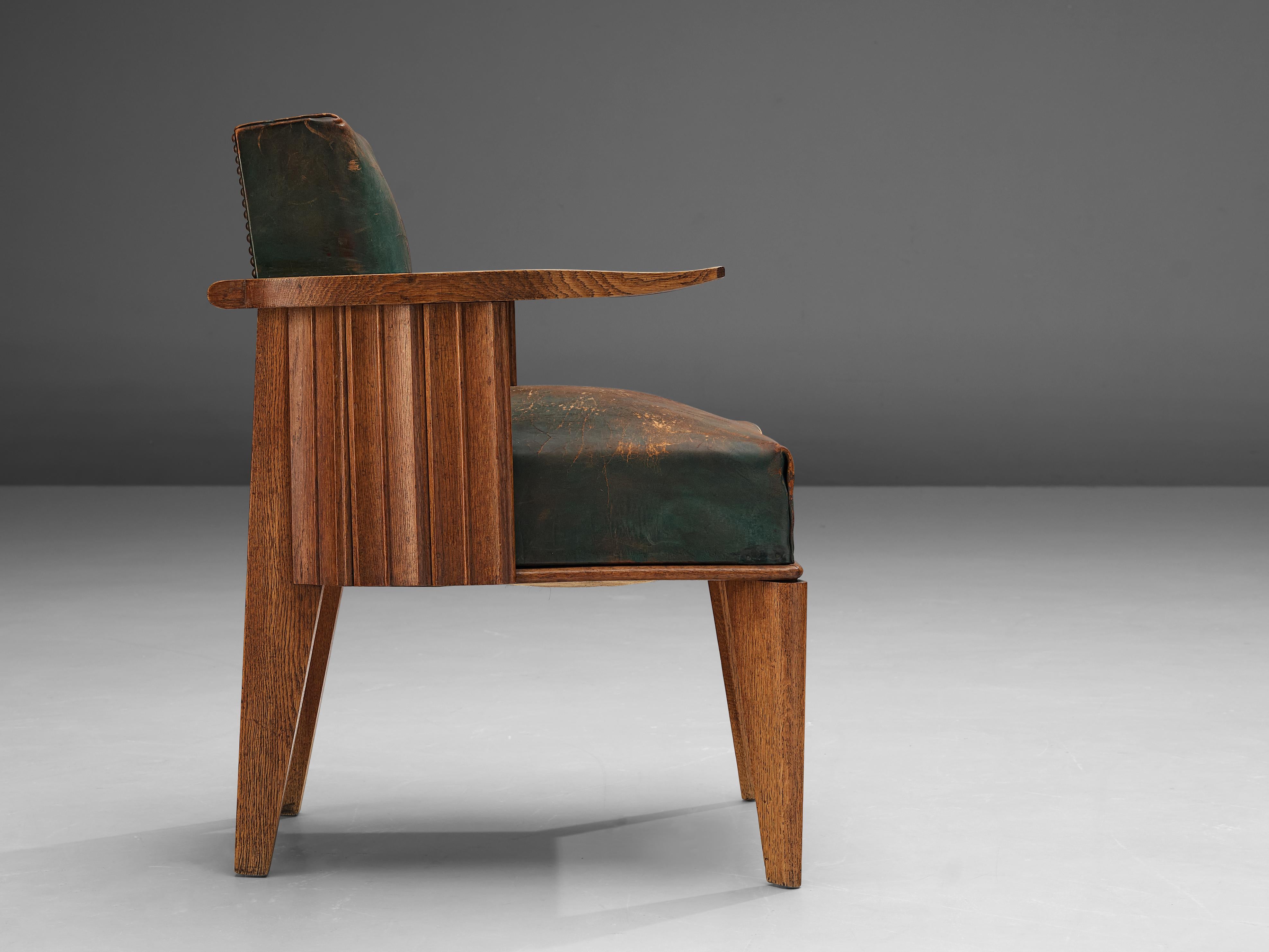French Art Deco Armchair in Wood and Patinated Green Leather 4