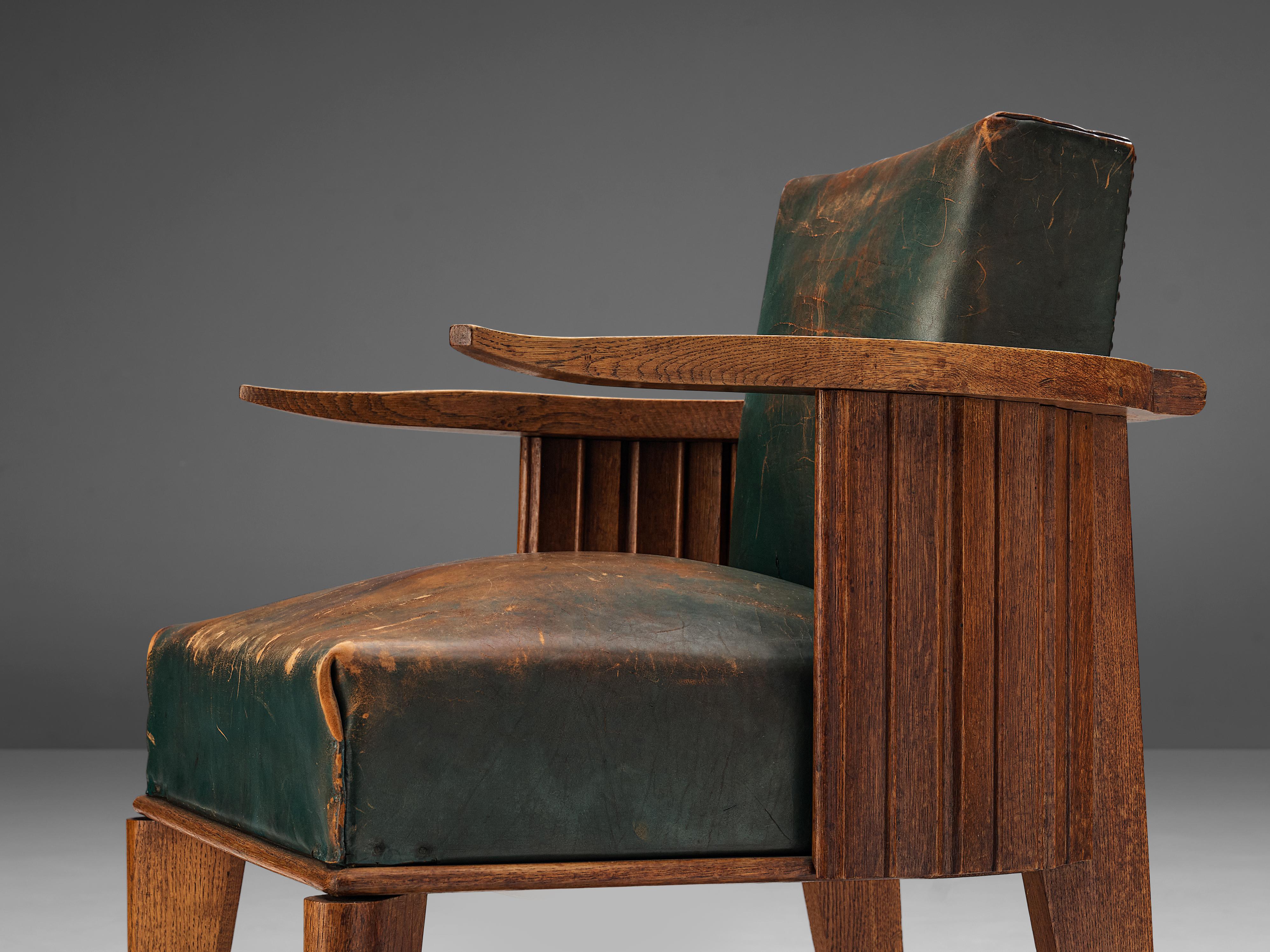 French Art Deco Armchair in Wood and Patinated Green Leather 5