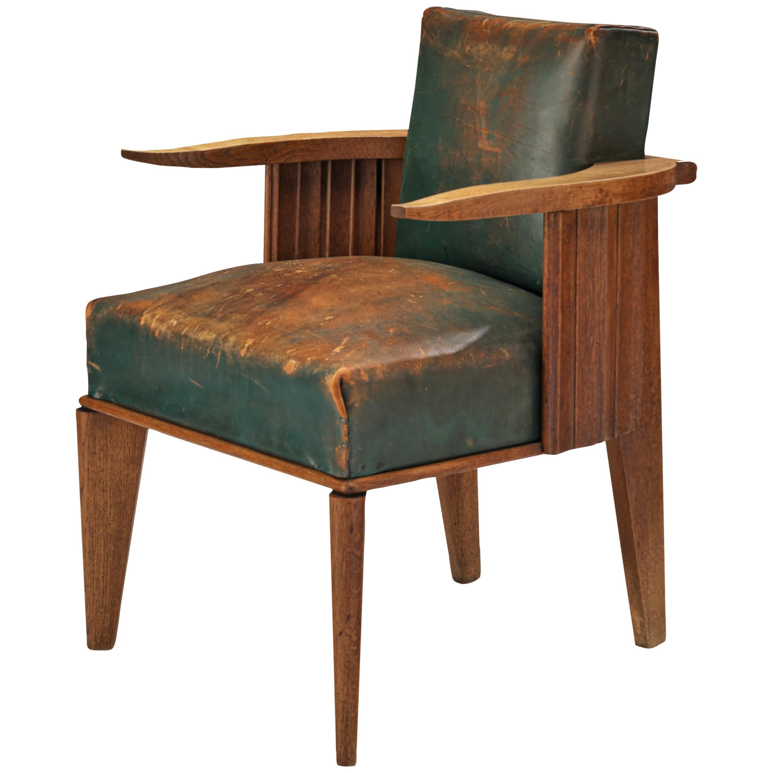 French Art Deco Armchair in Wood and Patinated Green Leather